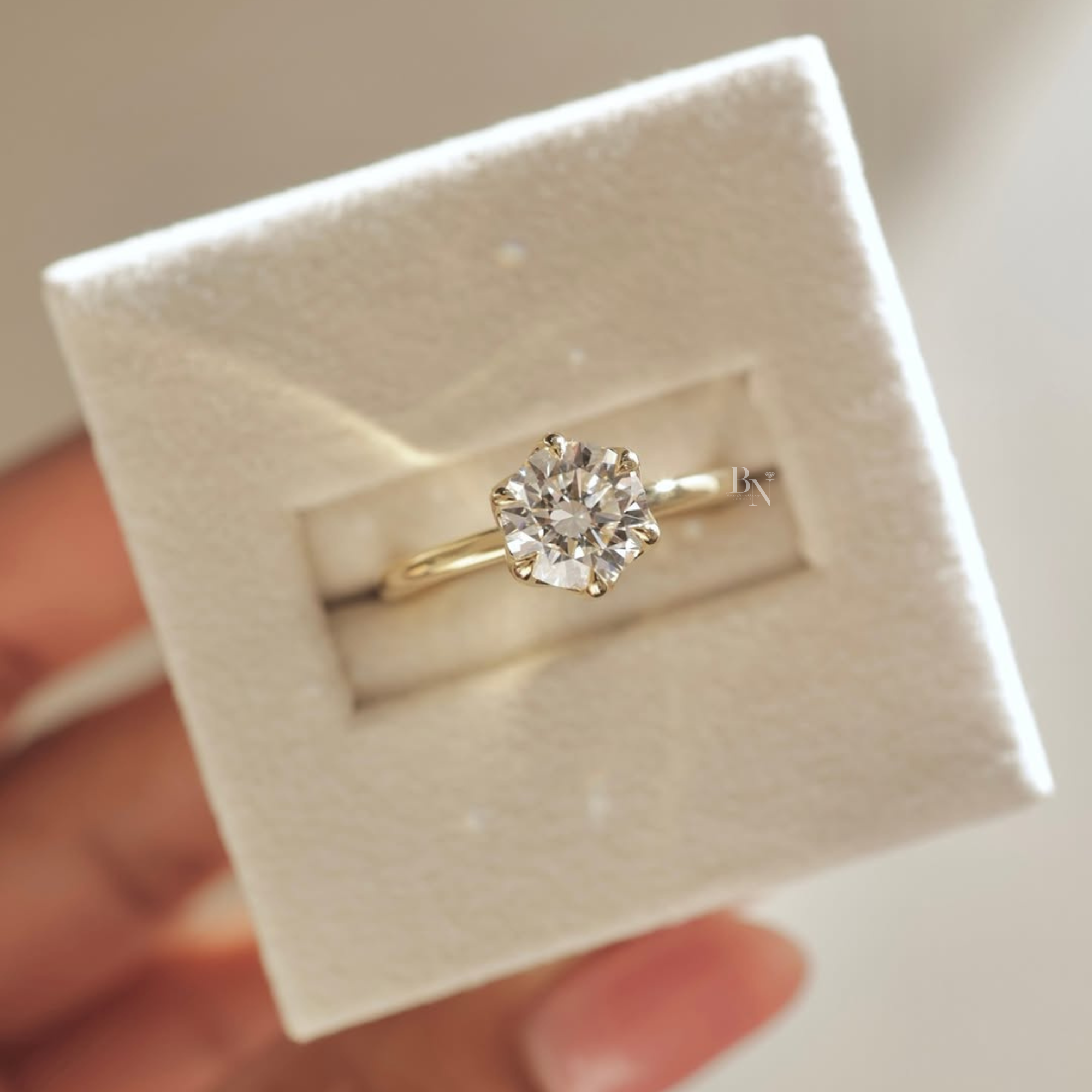 2ct Round Lab Grown Diamond Engagement Ring | 14K Yellow Gold Petal Hidden Halo | IGI Certified Lotus Setting | Six Prong Solitaire |