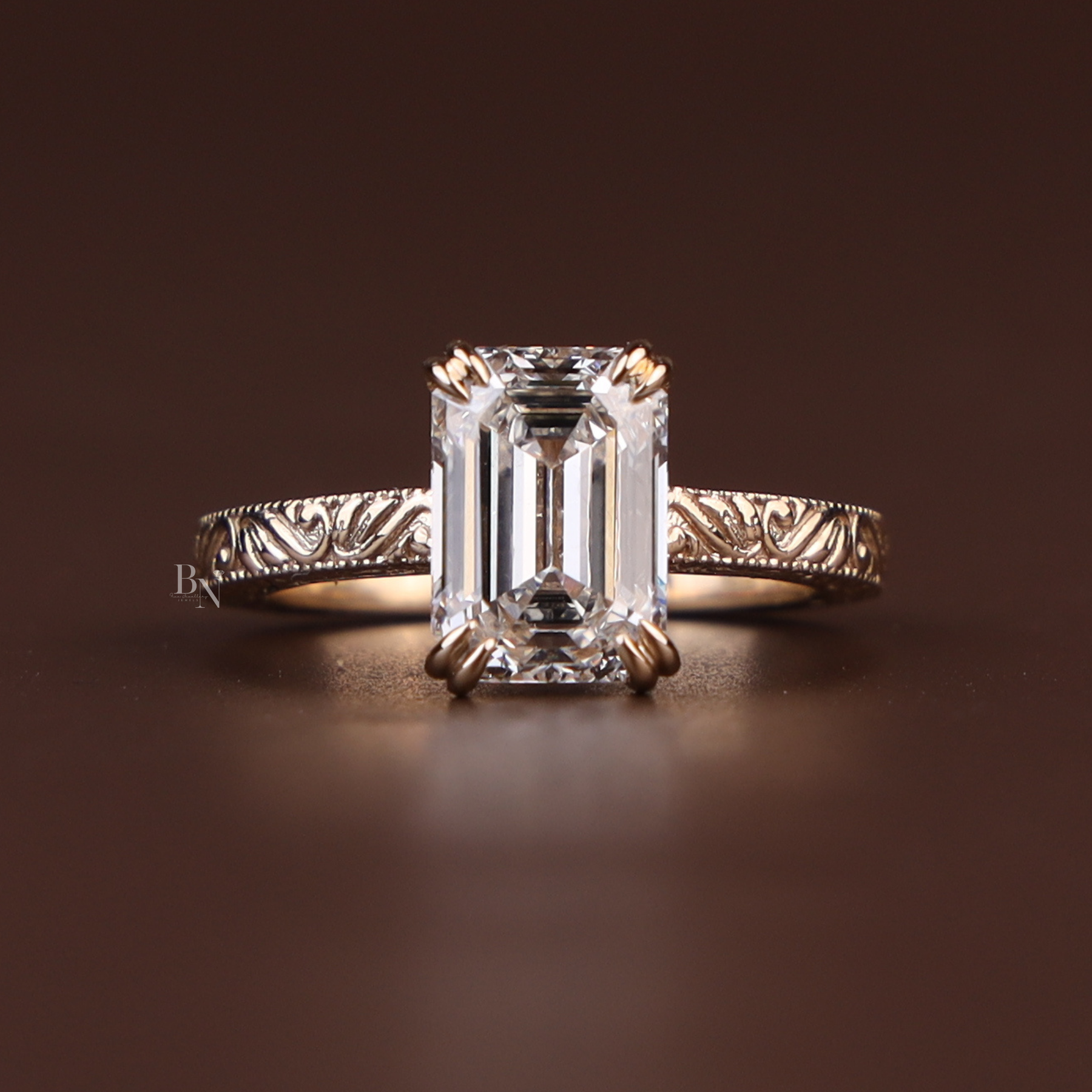 3ct Emerald Cut Lab Grown Diamond Engagement Ring | Vintage Engraved Art Deco Solitaire 14K Gold