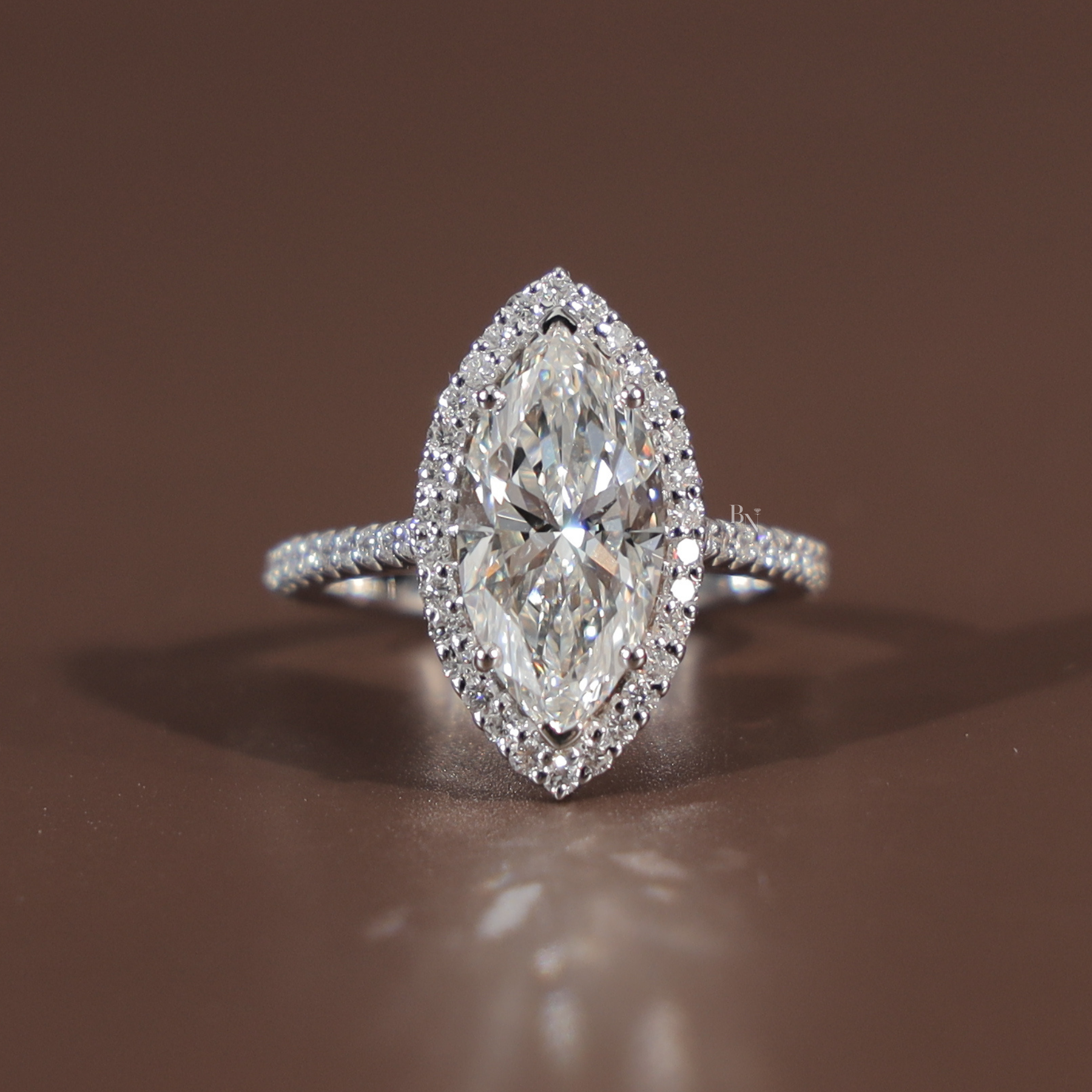 3ct Marquise Lab Grown Diamond Engagement Ring | Halo Pavé Band 14K White Gold