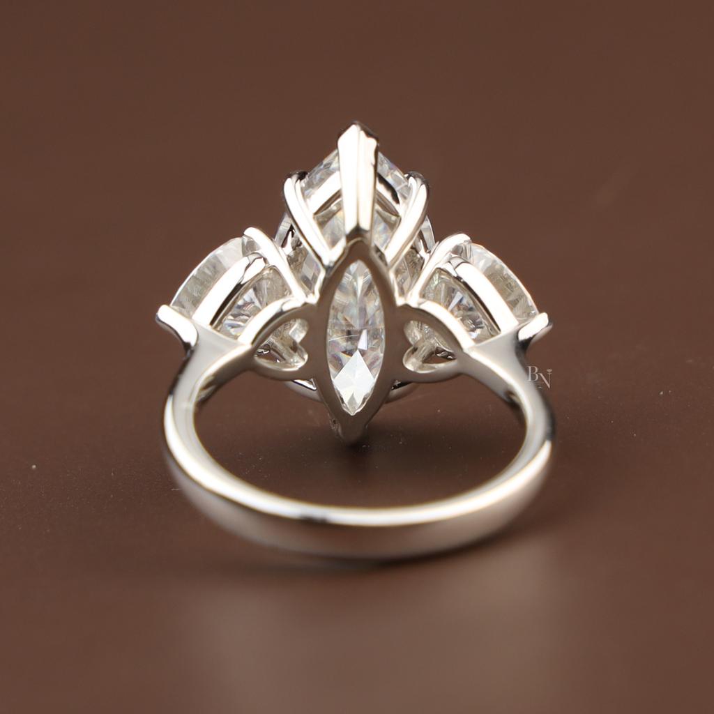 5.50ct Marquise Lab Grown Diamond Engagement Ring | Heart Side Stones | 14K White Gold Three Stone Ring | IGI Certified | V-Tip Solitaire