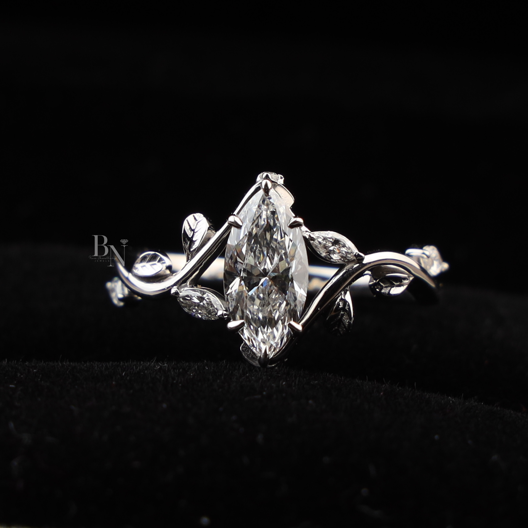 1ct Marquise Lab Grown Diamond Engagement Ring | Nature Vine Leaf Setting 14K White Gold