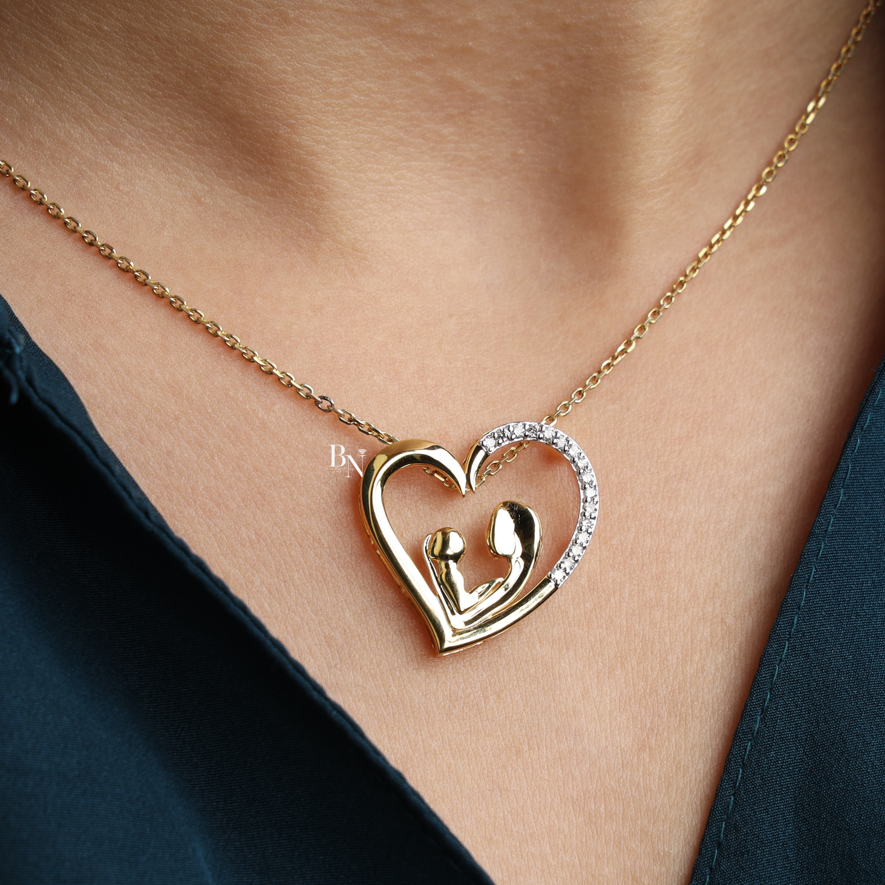 Mother and Baby Heart Pendant | Motherhood Necklace 14K Gold