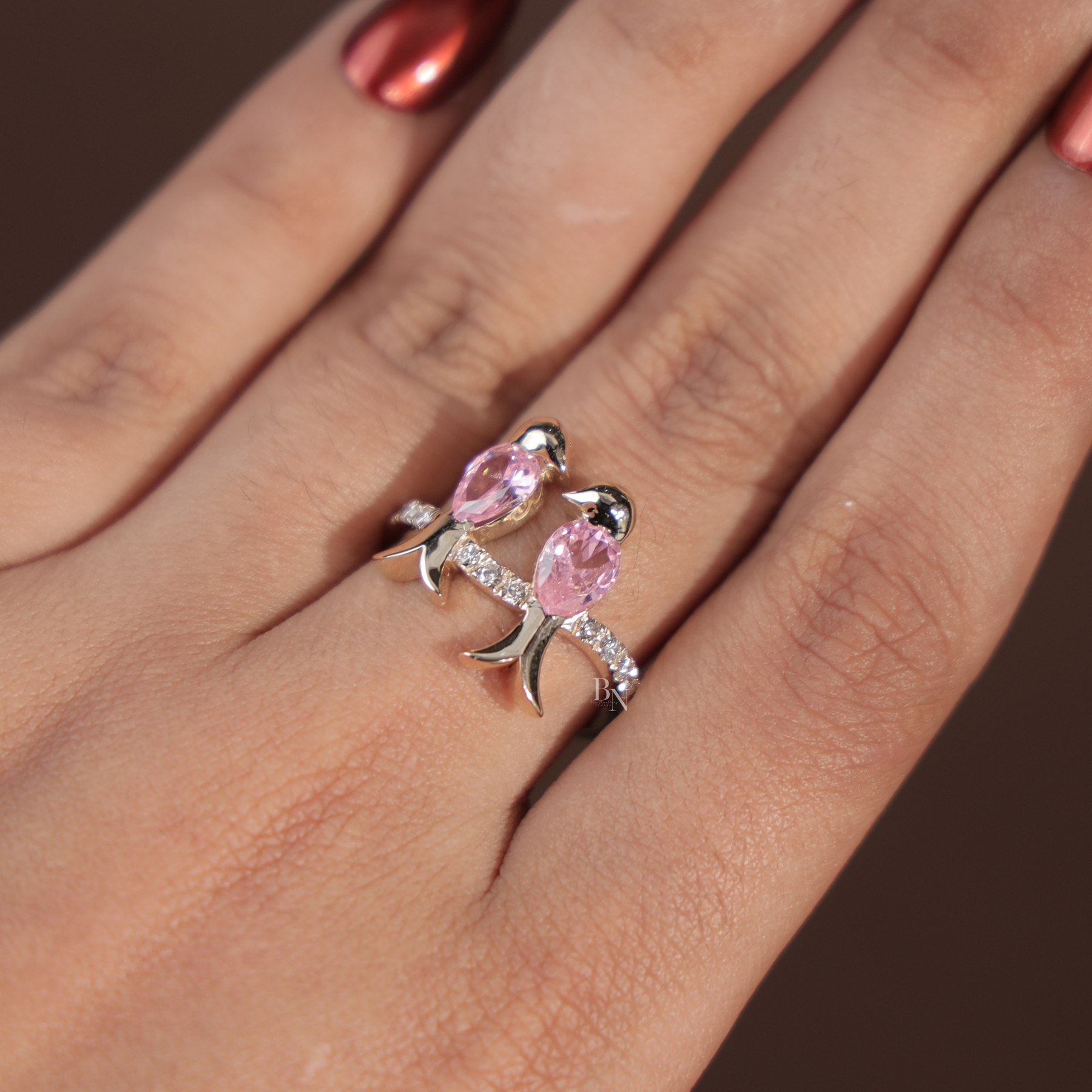 Pink Diamond Toi et Moi Bird Ring | Pear Cut Pink Lab Grown Diamond 14K Gold