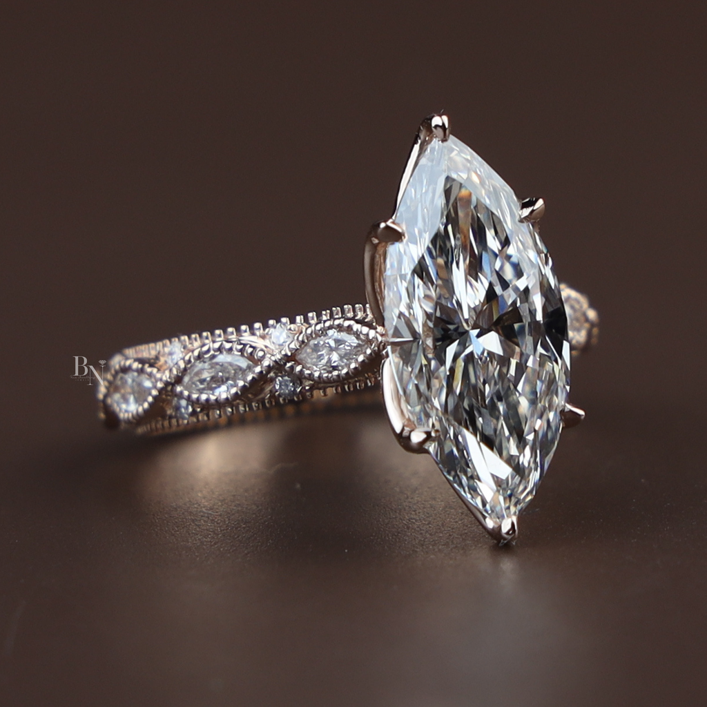 3ct Marquise Lab Grown Diamond Engagement Ring | Vintage Twisted Vine Rose Gold Band | Romantic Nature Inspired Solitaire |