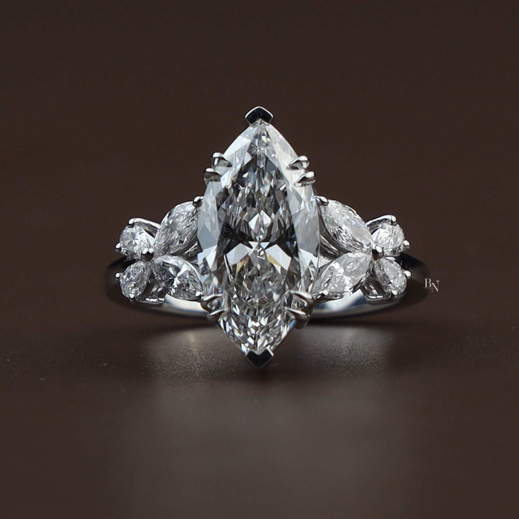 3.50ct Marquise Lab Grown Diamond Engagement Ring | Butterfly Side Stones V-Prong 14K White Gold