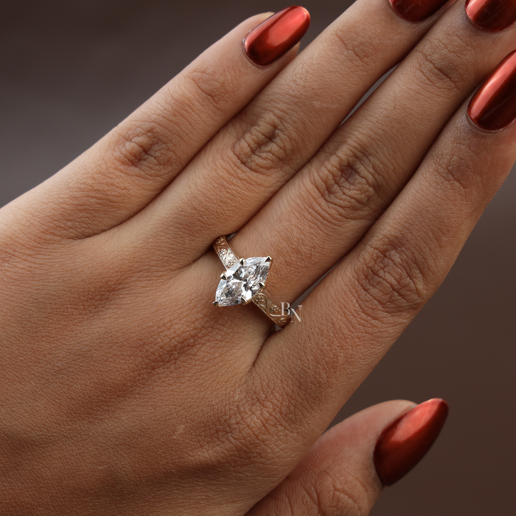 2 Carat Marquise Lab Grown Diamond Ring | Vintage Engraved Engagement Ring | Art Deco Wedding Band | Heirloom Quality Solitaire