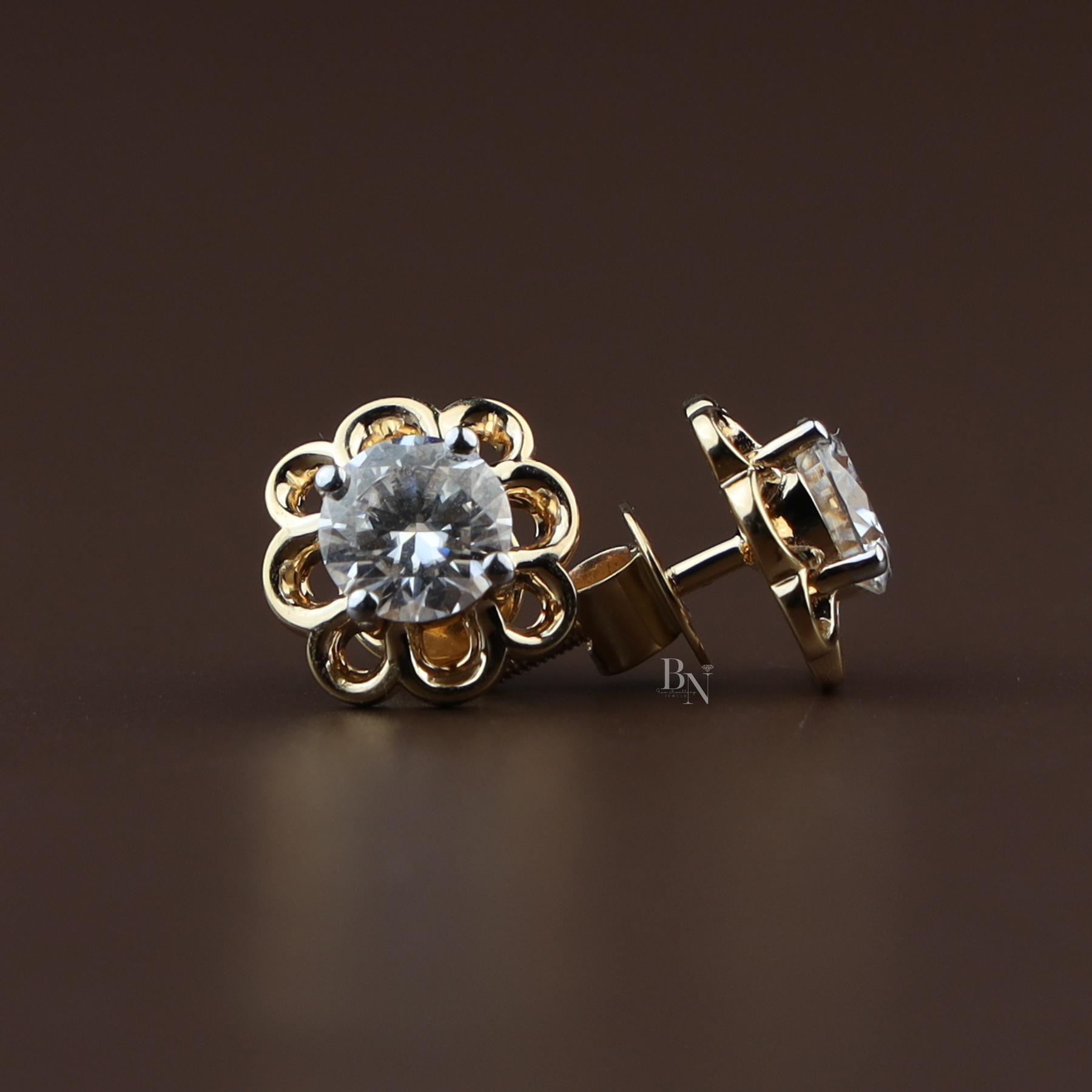 2ctw Round Lab Grown Diamond Stud Earrings | Floral Gold Flower Studs 14K Gold
