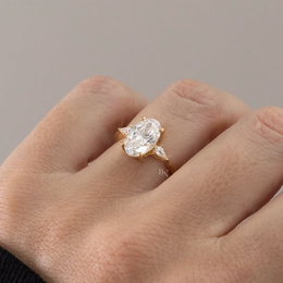 2.5ct Oval Lab Grown Diamond Engagement Ring | Pear Side Stones 14K Yellow Gold