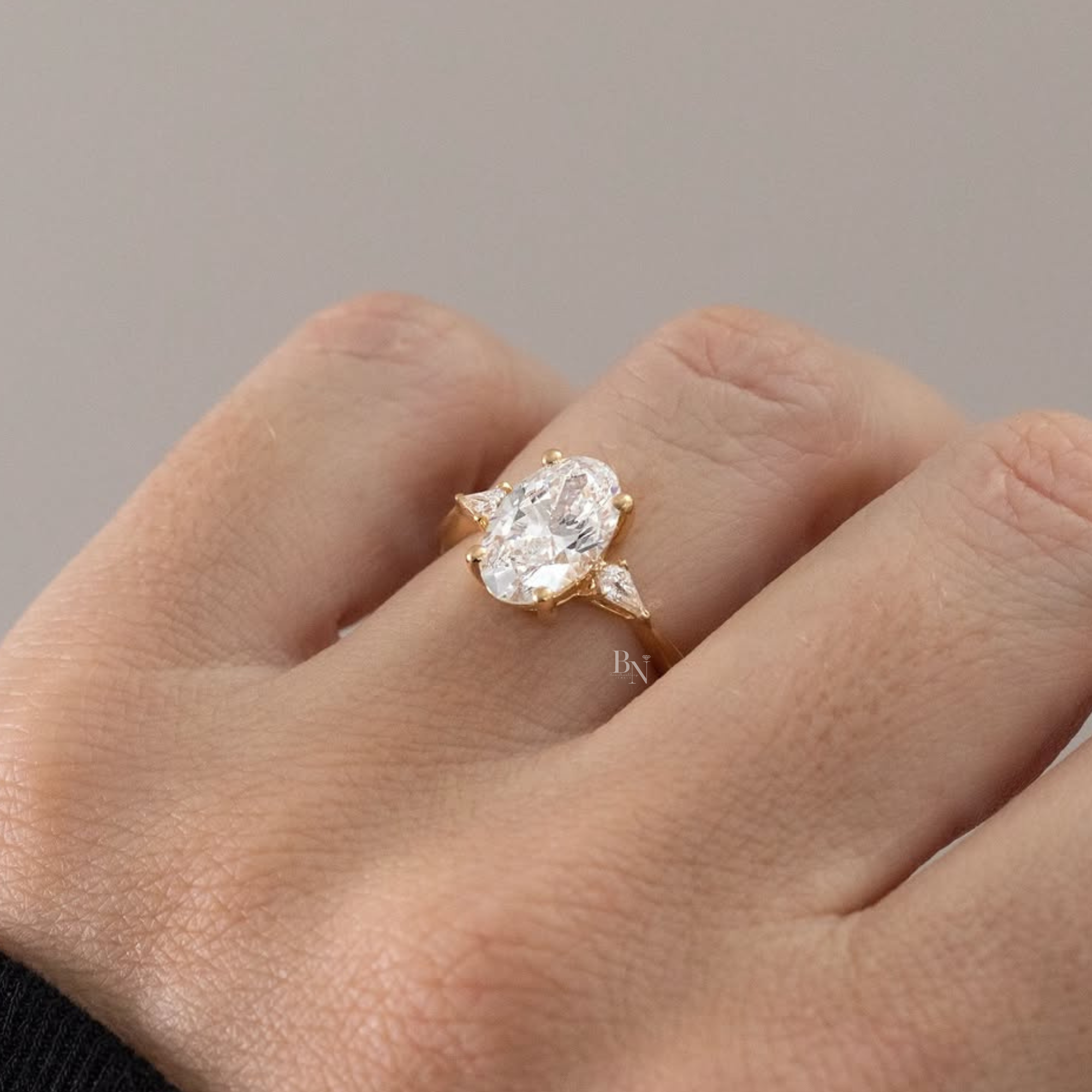 2.5ct Oval Lab Grown Diamond Engagement Ring | 14K Yellow Gold | Pear Side Stones | Three Stone Bridal Ring | (Copy)