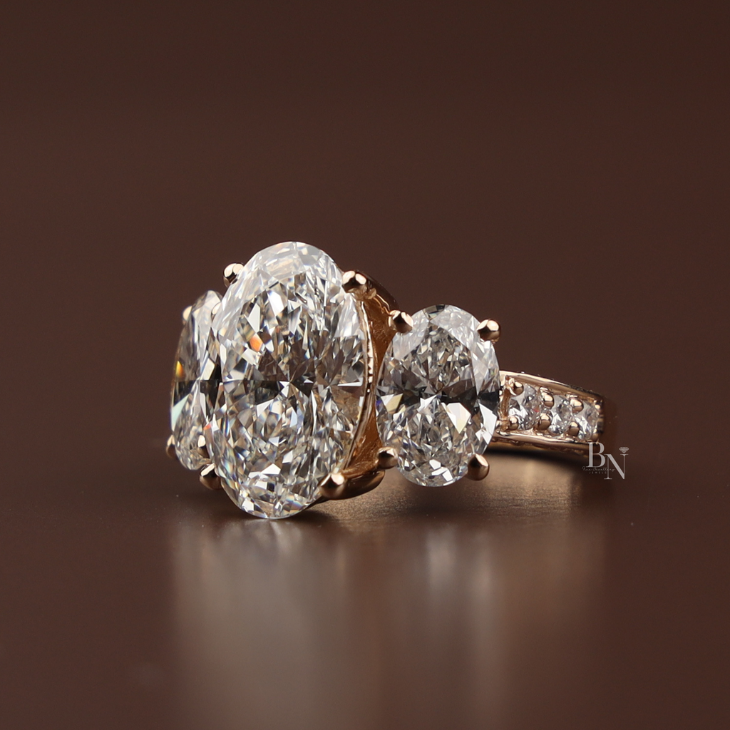 4ct Oval Lab Diamond Engagement Ring, 14K Rose Gold Three Stone Ring, Graduated Oval Bridal Ring, Pave Anniversary Ring, Unique Wedding Ring