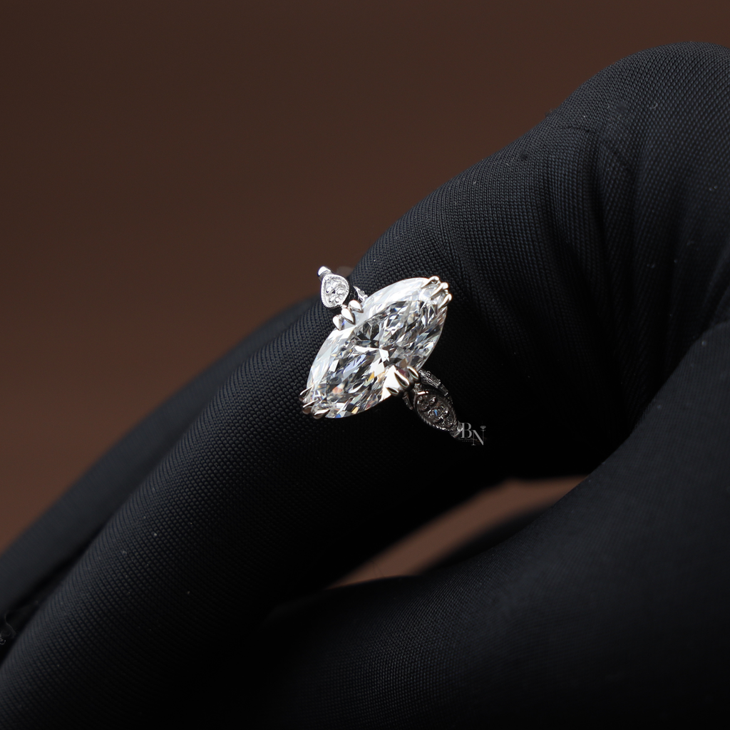 3ct Moval Cut Lab Grown Diamond Engagement Ring | 14K White Gold Vintage Solitaire | Milgrain Navette Band| Art Deco Promise