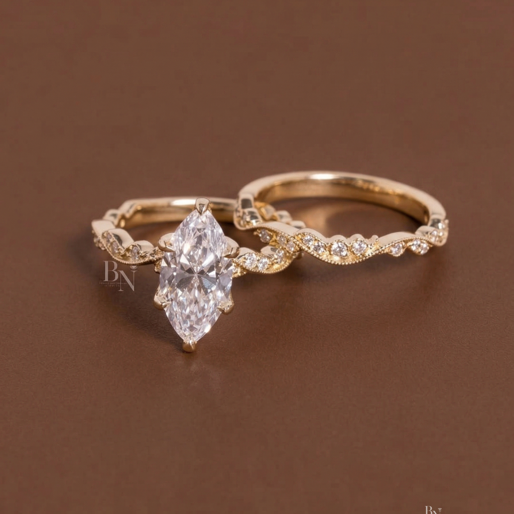 3.00 CT Marquise Cut Lab Diamond Engagement Ring, 14K Yellow Gold Vintage Vine Wedding Ring, Marquise Solitaire Bridal Set, Anniversary Gift