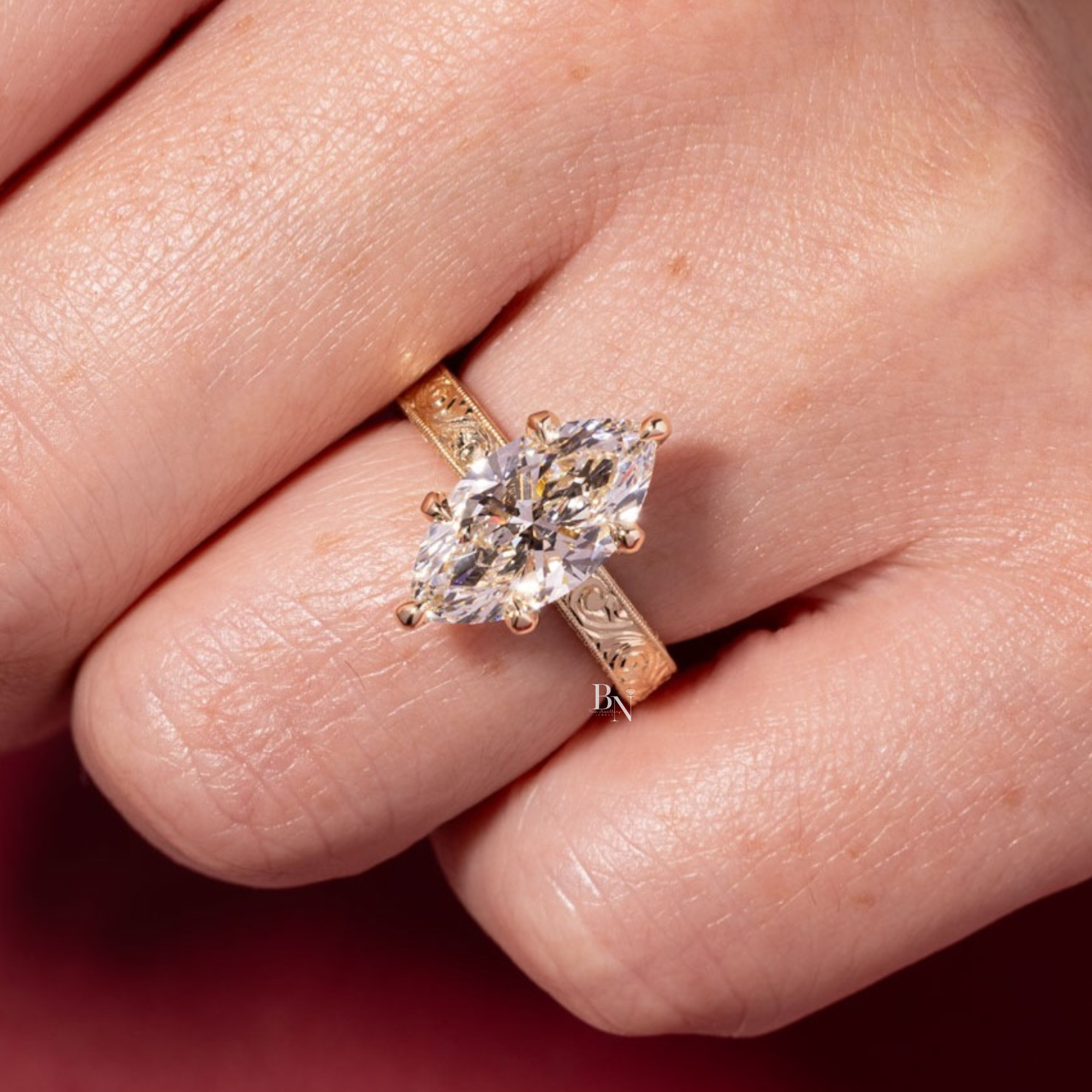 3ct Marquise Lab Grown Diamond Engagement Ring | 14K Yellow Gold | Vintage Hand Engraved Band | Art Deco Solitaire (photos of 3ct Ring)