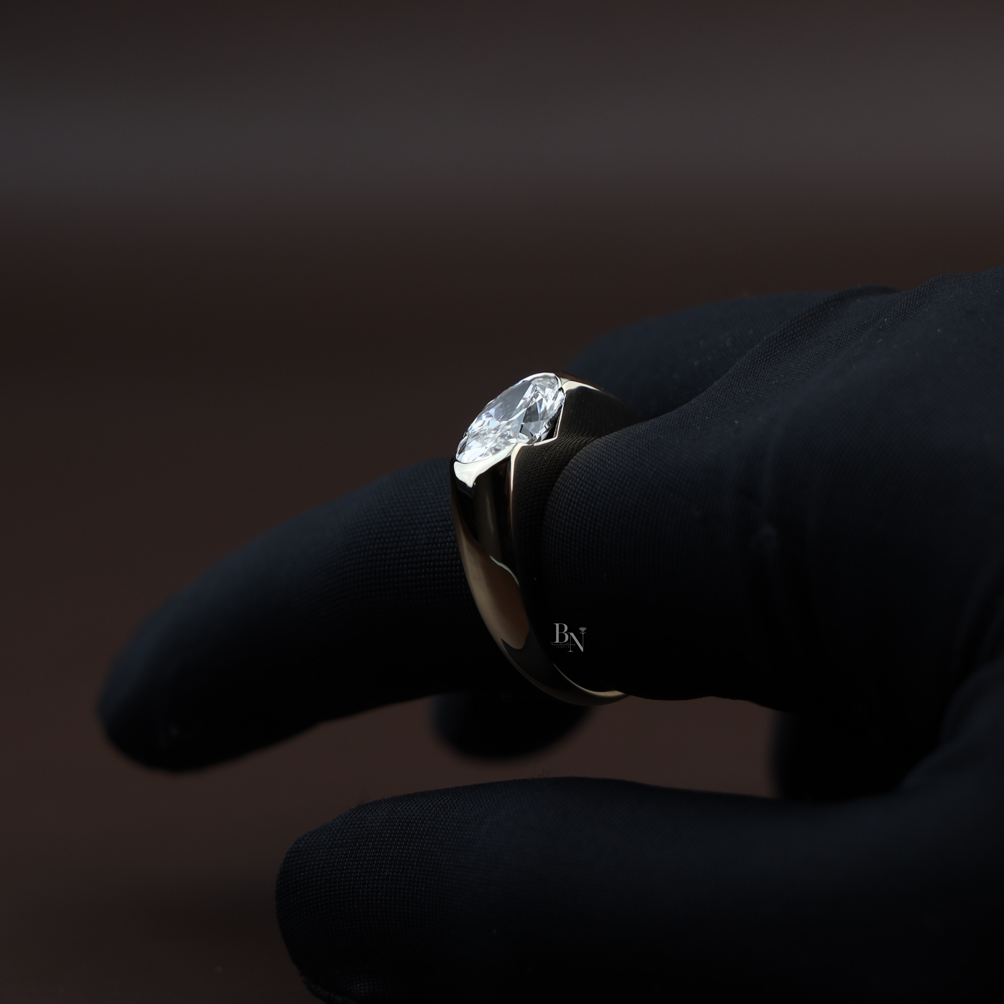 2.5ct East West Oval Lab Grown Diamond Engagement Ring | 14K Yellow Gold Half Bezel Signet Ring | IGI Certified Diamond | Modern Band