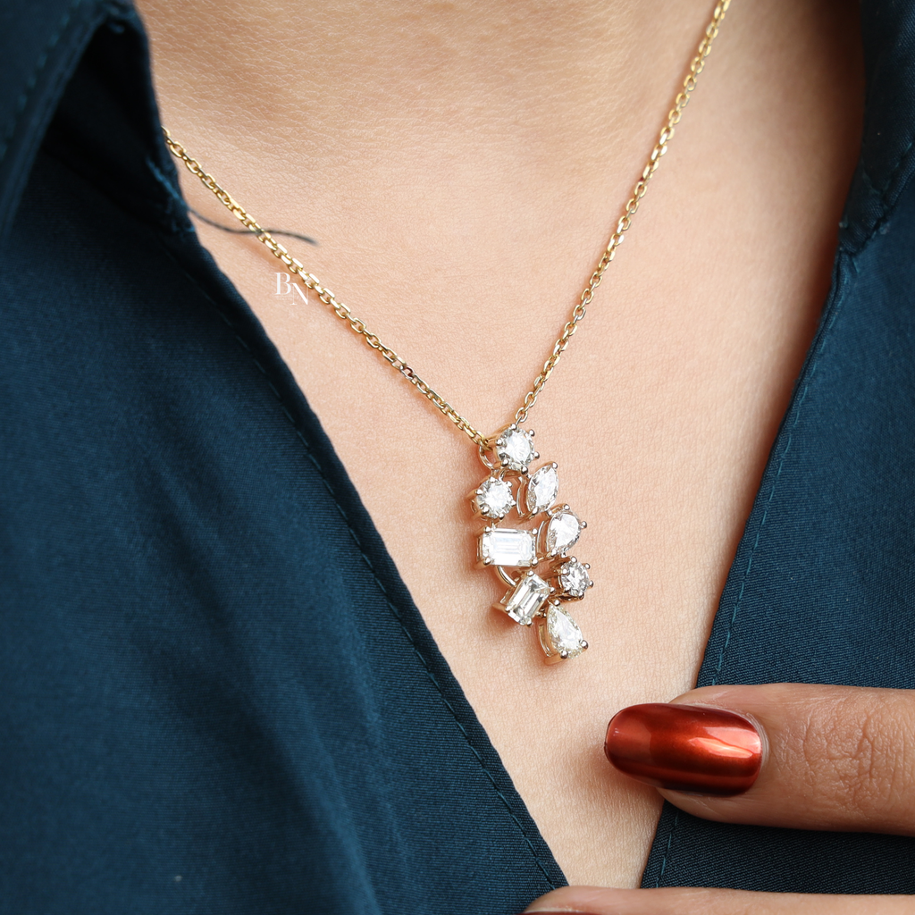 2.50ct Lab Grown Diamond Cluster Pendant | 14K Yellow Gold Mixed Cut Necklace