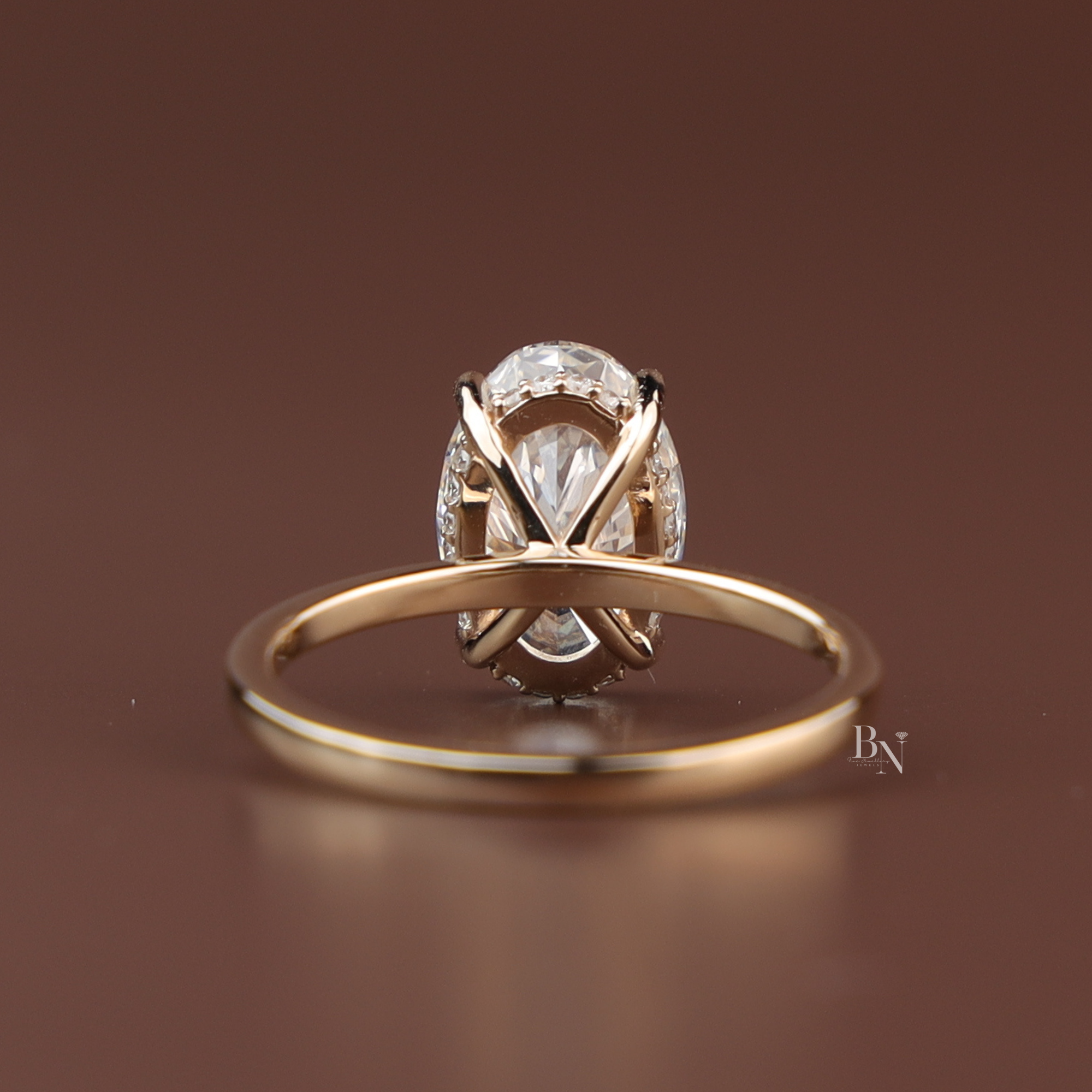 3ct Oval Lab Diamond Engagement Ring, Yellow Gold Hidden Halo Solitaire Ring, Classic Plain Band Wedding Ring, Minimalist Bridal Jewelry