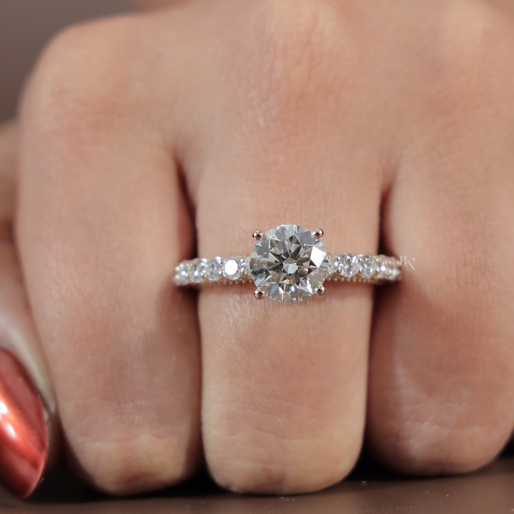 2ct Round Brilliant Lab Grown Diamond Engagement Ring | Filigree Gallery Pavé Milgrain Vintage 14K Rose Gold