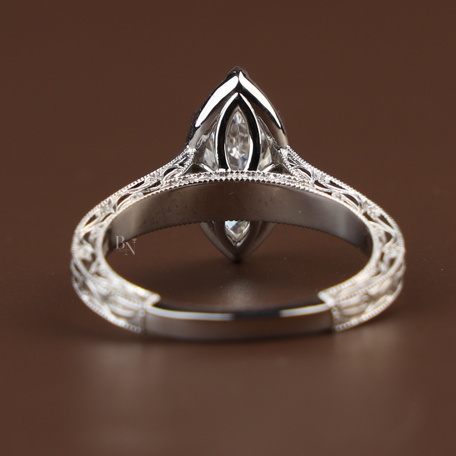 3ct Marquise Lab Grown Diamond Engagement Ring | Vintage Art Deco Engraved Milgrain Band 14K Gold