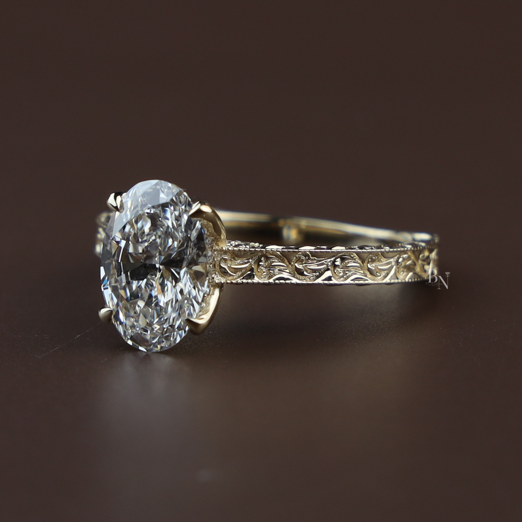 2ct Oval Lab Grown Diamond Engagement Ring | 14K Yellow Gold Vintage Hand Engraved Band | Hidden Halo Solitaire | Filigree Bridal Jewelry