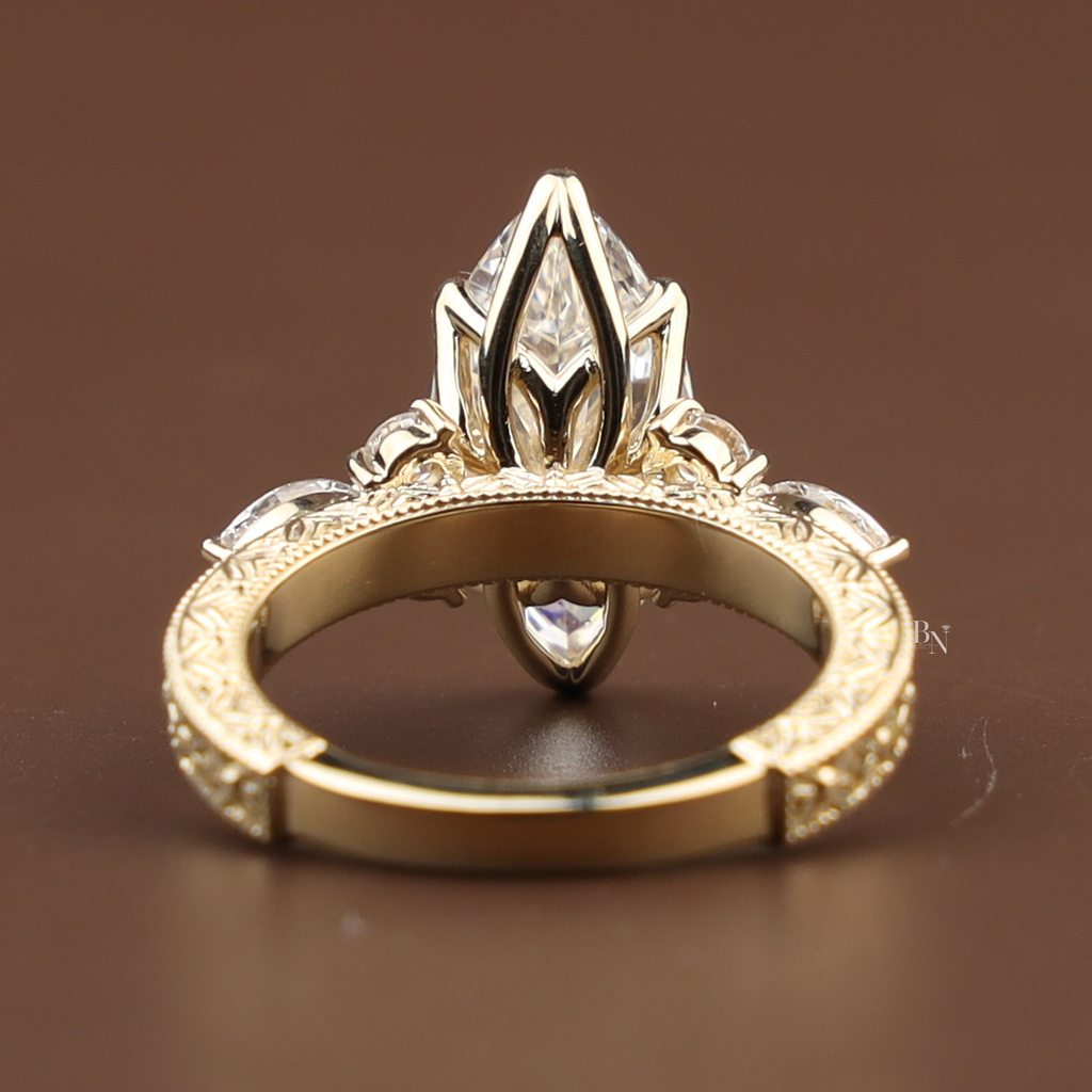 3ct Marquise Lab Grown Diamond Engagement Ring |  Gold Vintage Filigree Ring |  Lotus Setting | Antique Bridal Ring