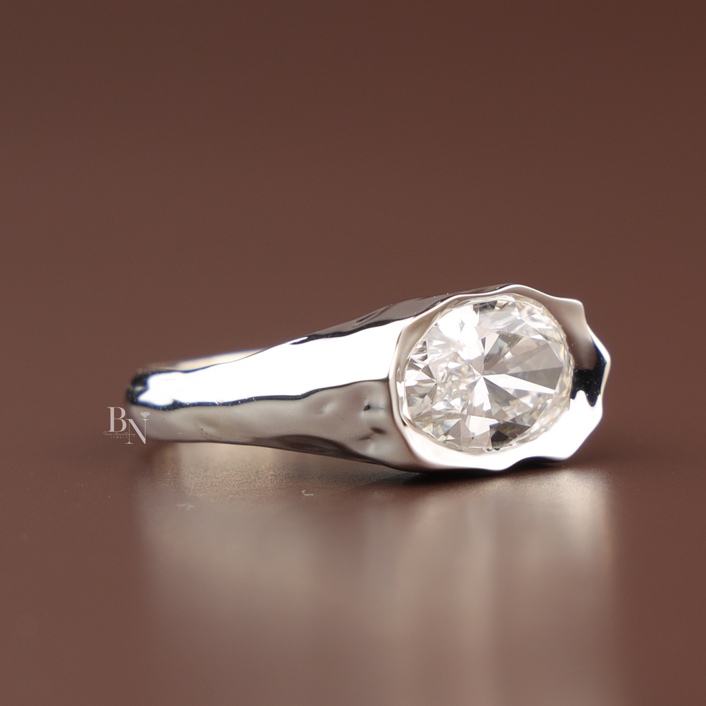 3ct Oval Lab Diamond Molten Bezel Ring, Platinum Heavy Signet Engagement Ring, Unique Chunky Wedding Ring, Asymmetric Bridal Jewelry