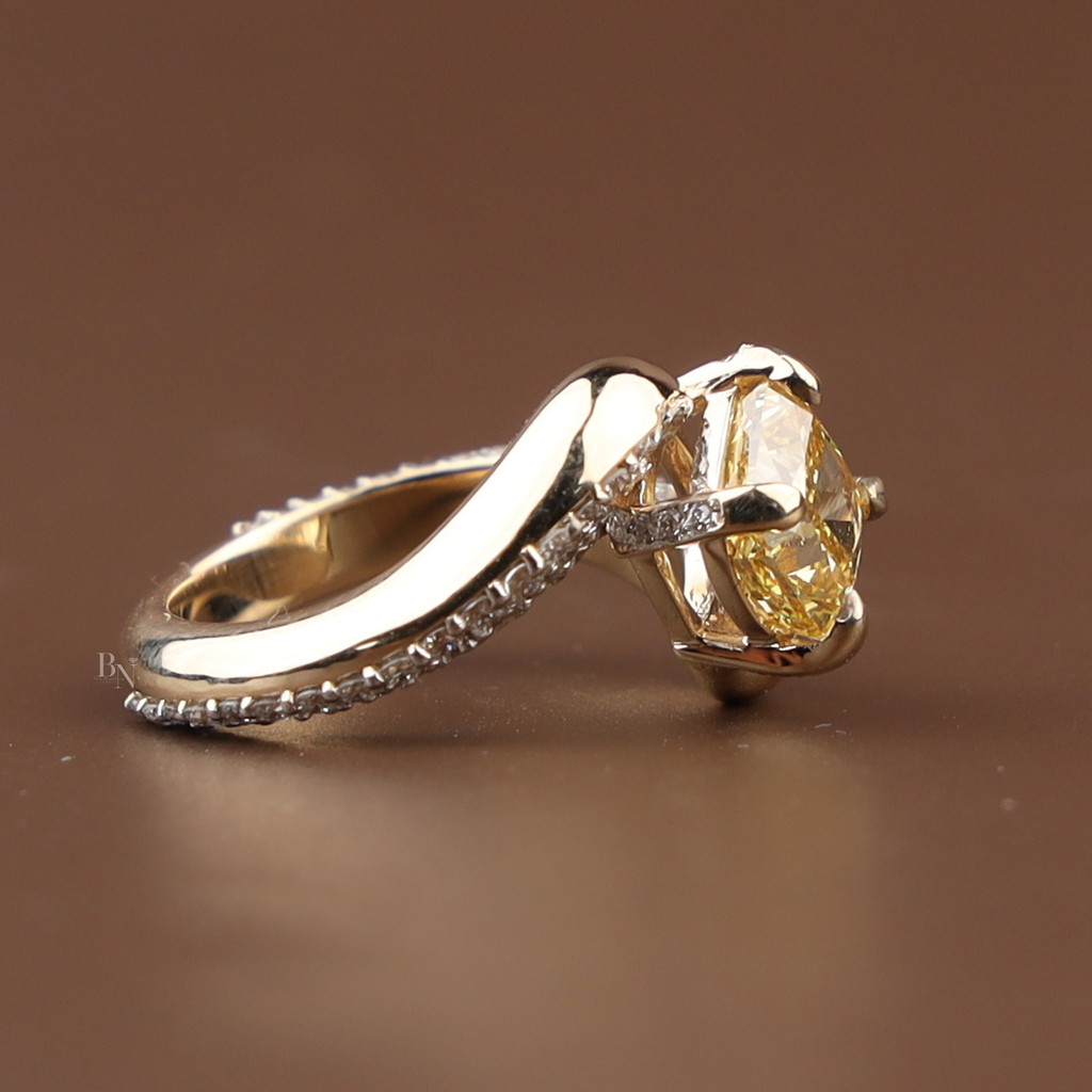 2ct Cushion Cut Fancy Yellow Lab Grown Diamond Engagement Ring | 14K Yellow Gold | Bypass Pavé Band | IGI Certified |