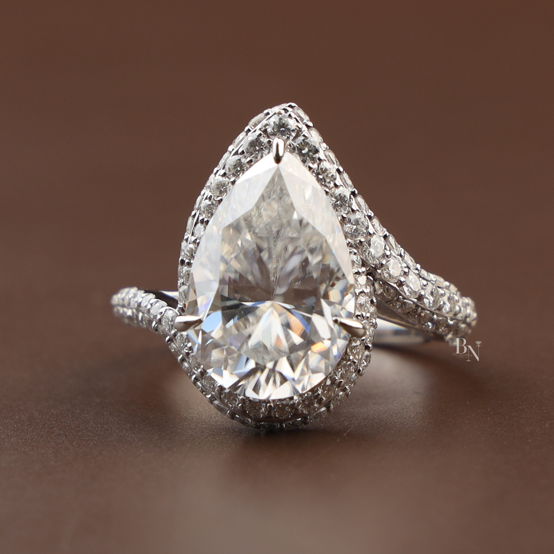 5.50ct Pear Moissanite Engagement Ring | Triple Pavé Bypass Band 14K White Gold