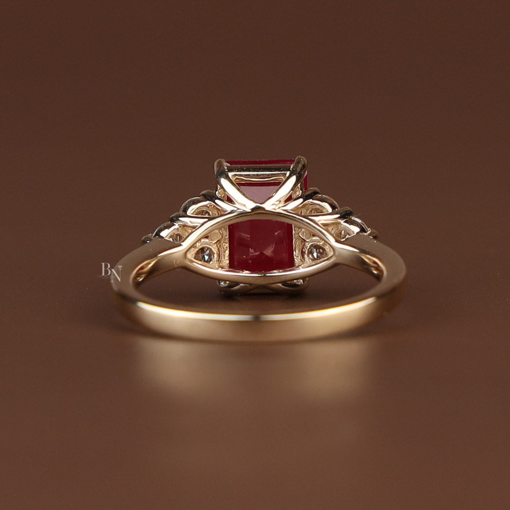 2ct Emerald Cut Red Lab Diamond Engagement Ring | 14K Yellow Gold | Hidden Halo | Triple Cluster Side Stone | Type IIa | IGI Certified Ruby