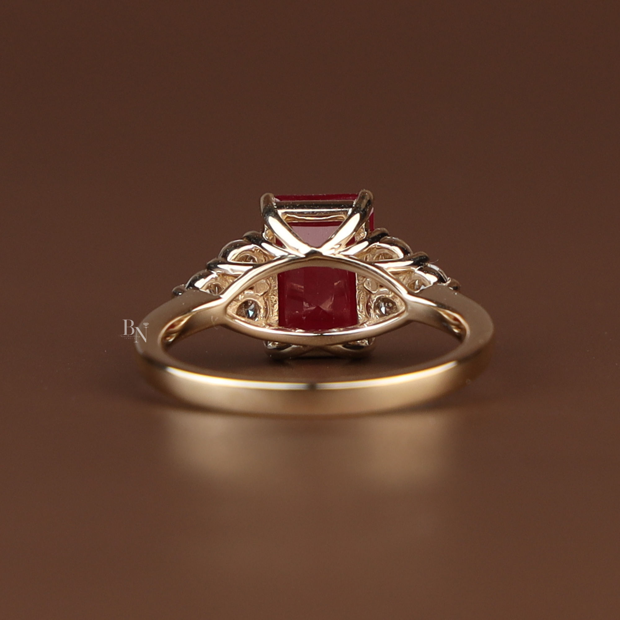 2ct Emerald Cut Red Lab Diamond Engagement Ring | 14K Yellow Gold | Hidden Halo | Triple Cluster Side Stone | Type IIa | IGI Certified Ruby