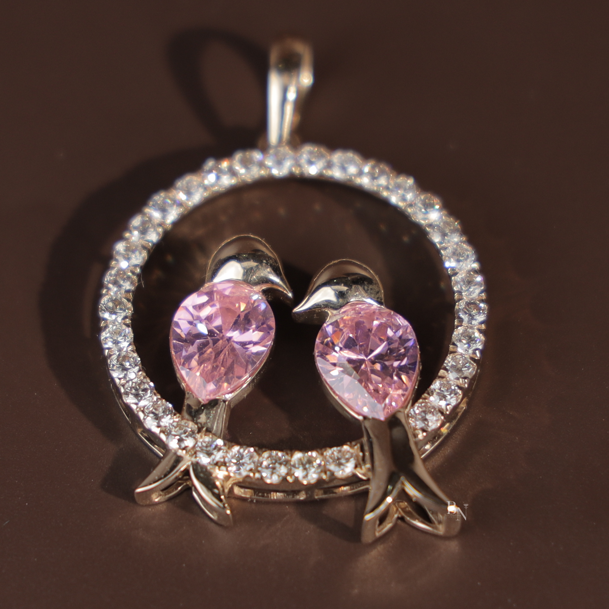 Pink Diamond Bird Pendant | Pear Cut Pink Lab Grown Diamond Love Birds Pendant | 14K White Gold Circle Jewelry | Romantic Anniversary Gift(Only Pendant)