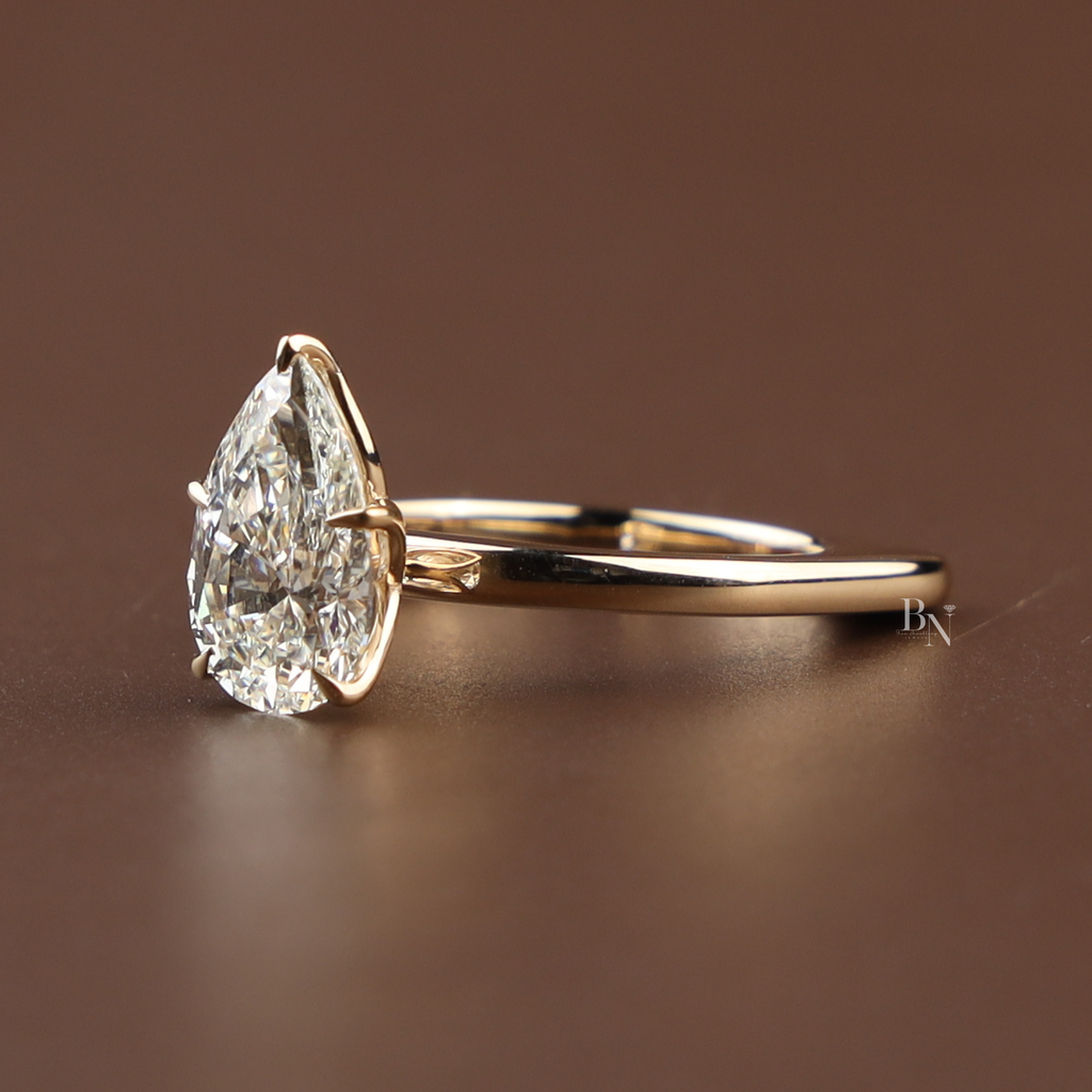 2ct Pear Cut Lab Grown Diamond Engagement Ring | 14K Yellow Gold Lotus Solitaire | Dainty Teardrop Proposal Ring | IGI Certified