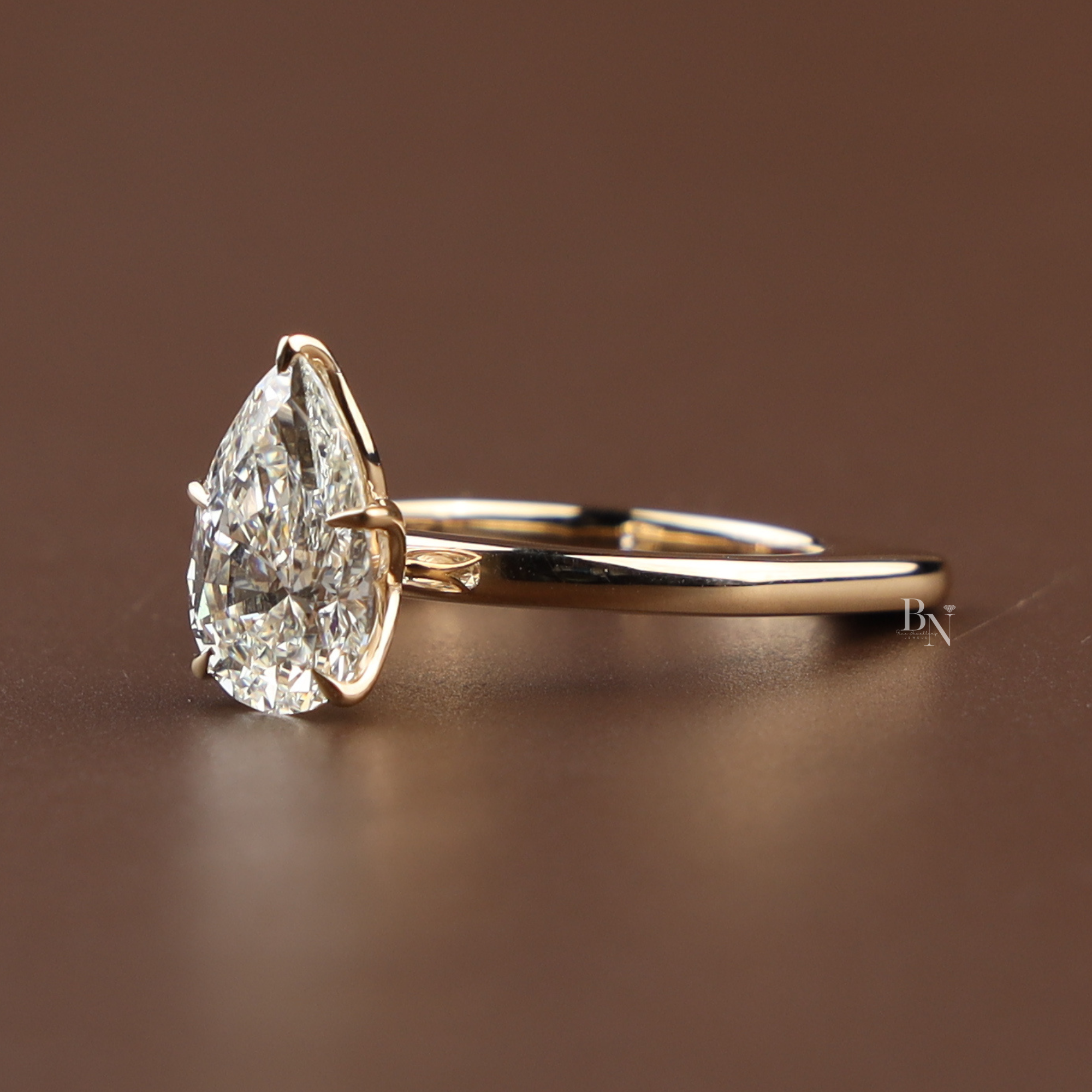 2ct Pear Cut Lab Grown Diamond Engagement Ring | 14K Yellow Gold Lotus Solitaire | Dainty Teardrop Proposal Ring | IGI Certified