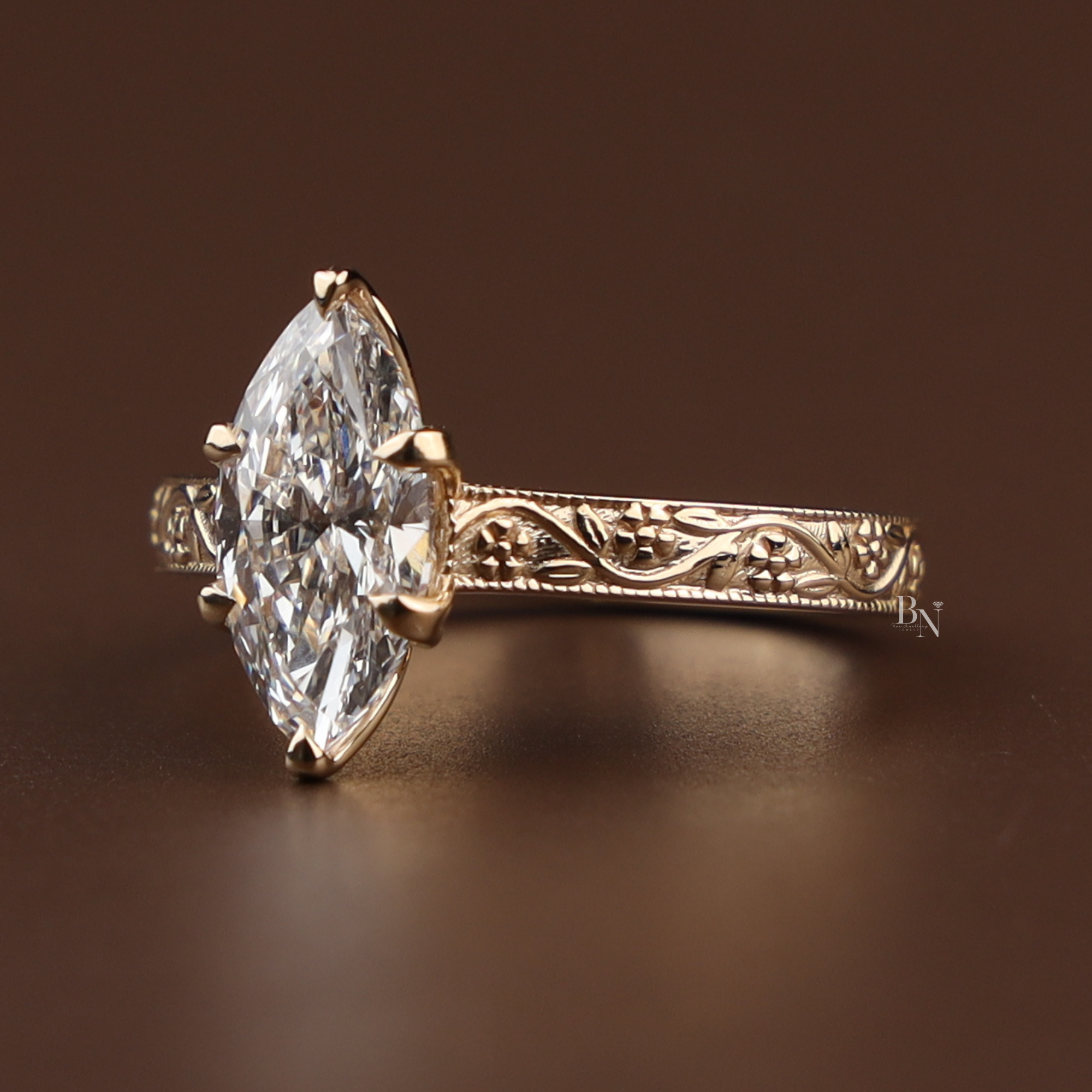 2 Carat Marquise Lab Grown Diamond Ring | Vintage Engraved Engagement Ring | Art Deco Wedding Band | Heirloom Quality Solitaire