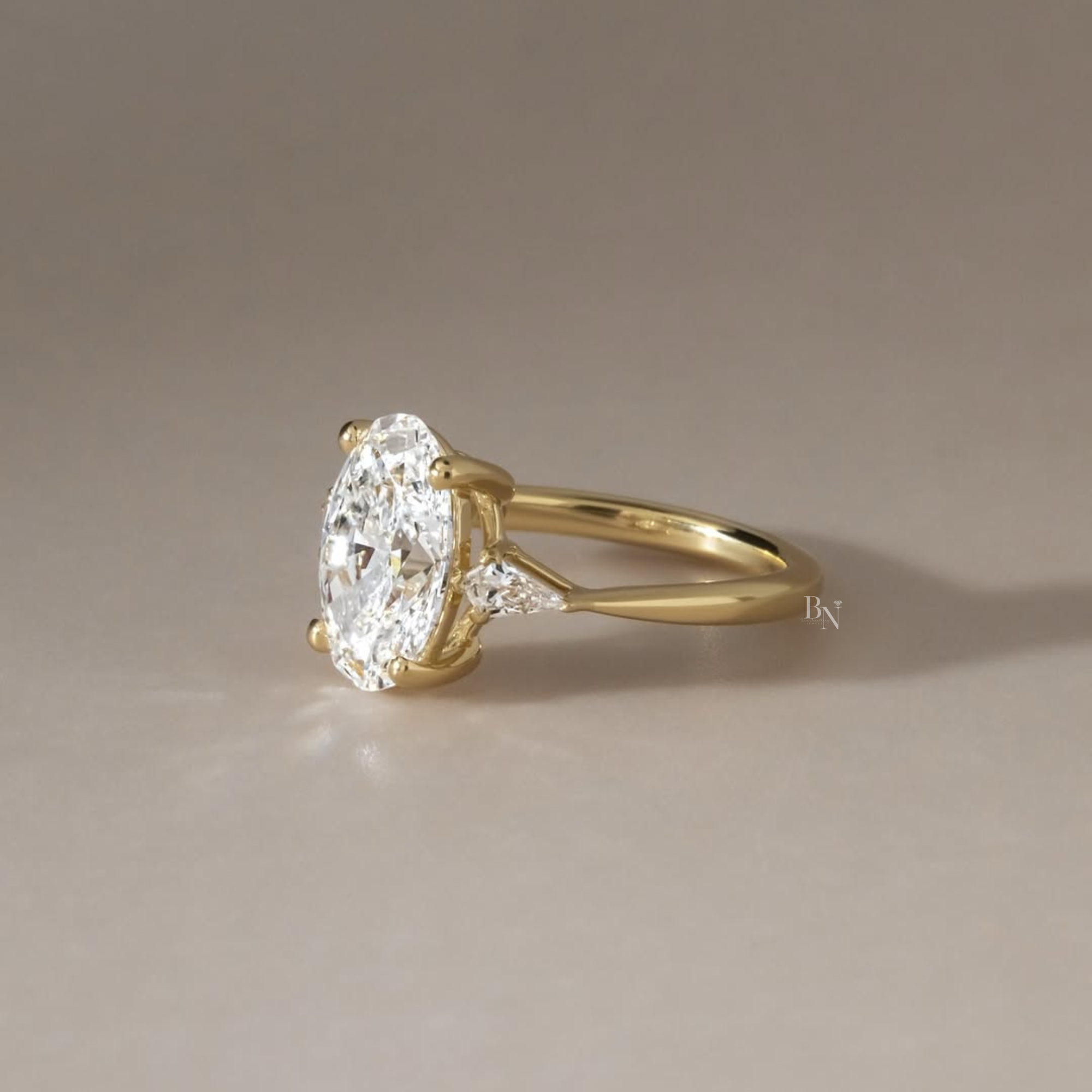 2.5ct Oval Lab Grown Diamond Engagement Ring | 14K Yellow Gold | Pear Side Stones | Three Stone Bridal Ring | (Copy)