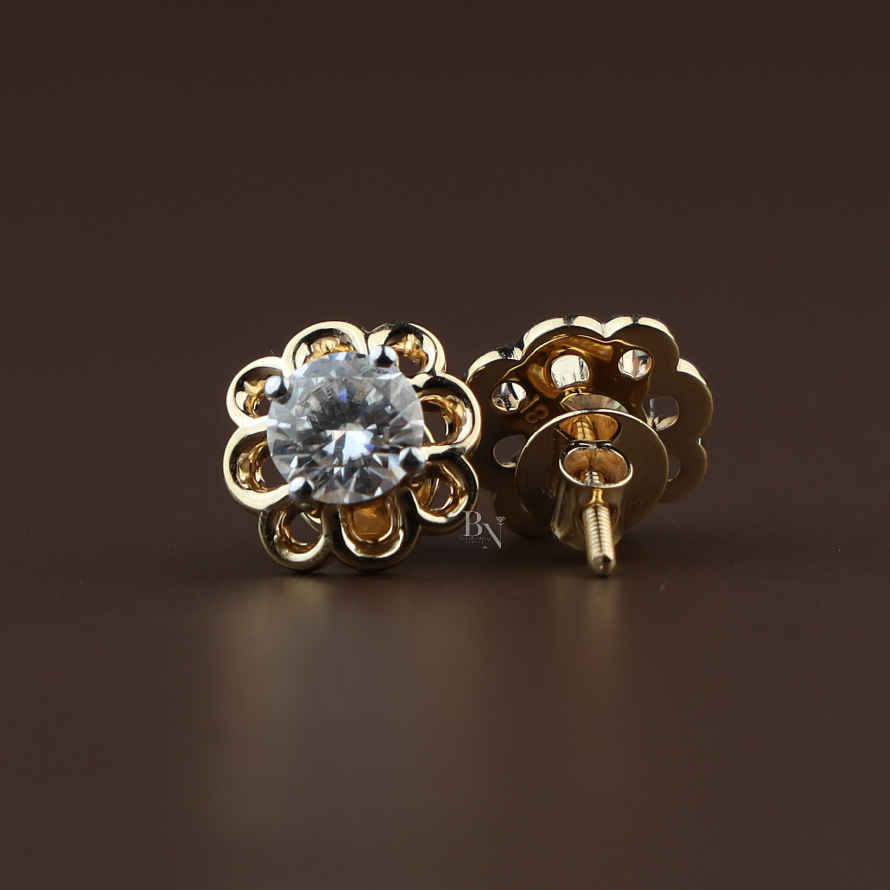 2ctw Round Lab Grown Diamond Stud Earrings | Floral Gold Flower Studs 14K Gold