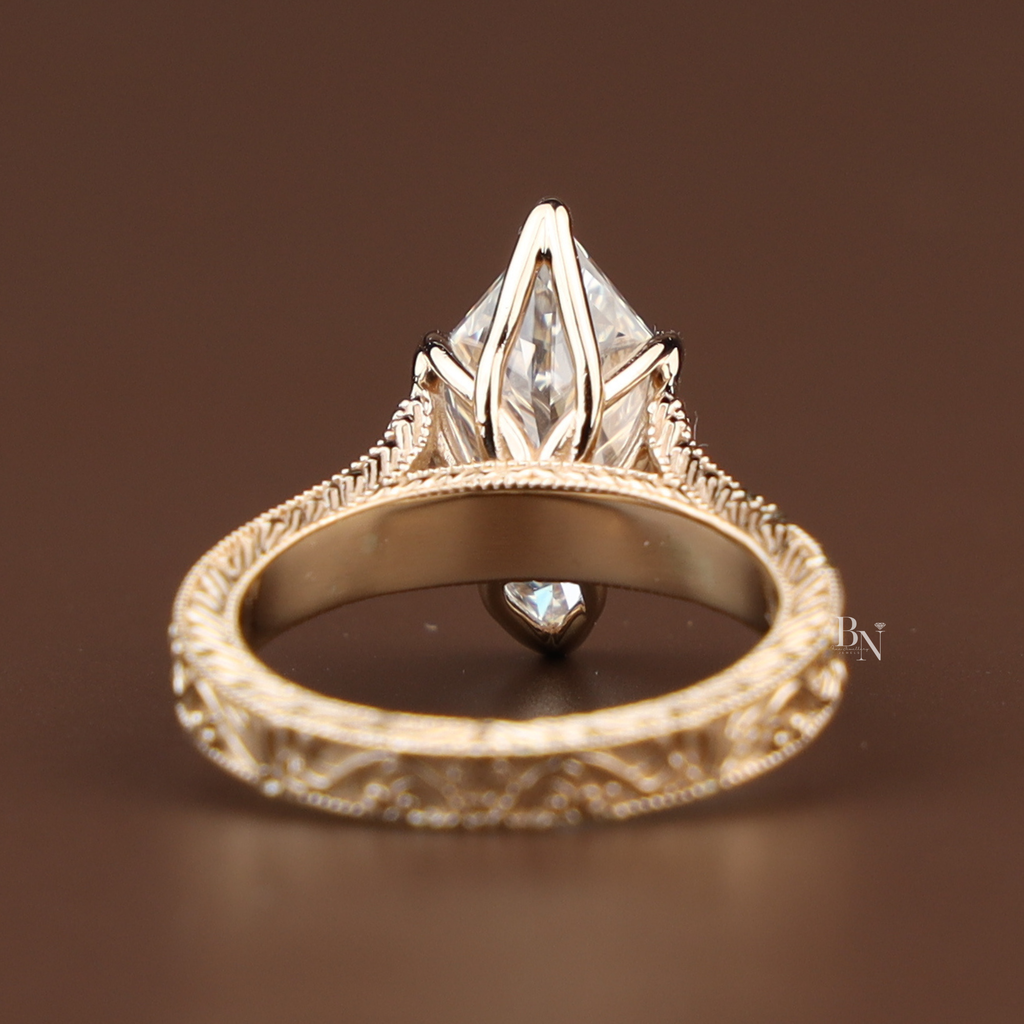3ct Dutch Marquise Lab Grown Diamond Engagement Ring | Vintage Engraved 14k Yellow Gold Band | Solitaire Marquise Ring |