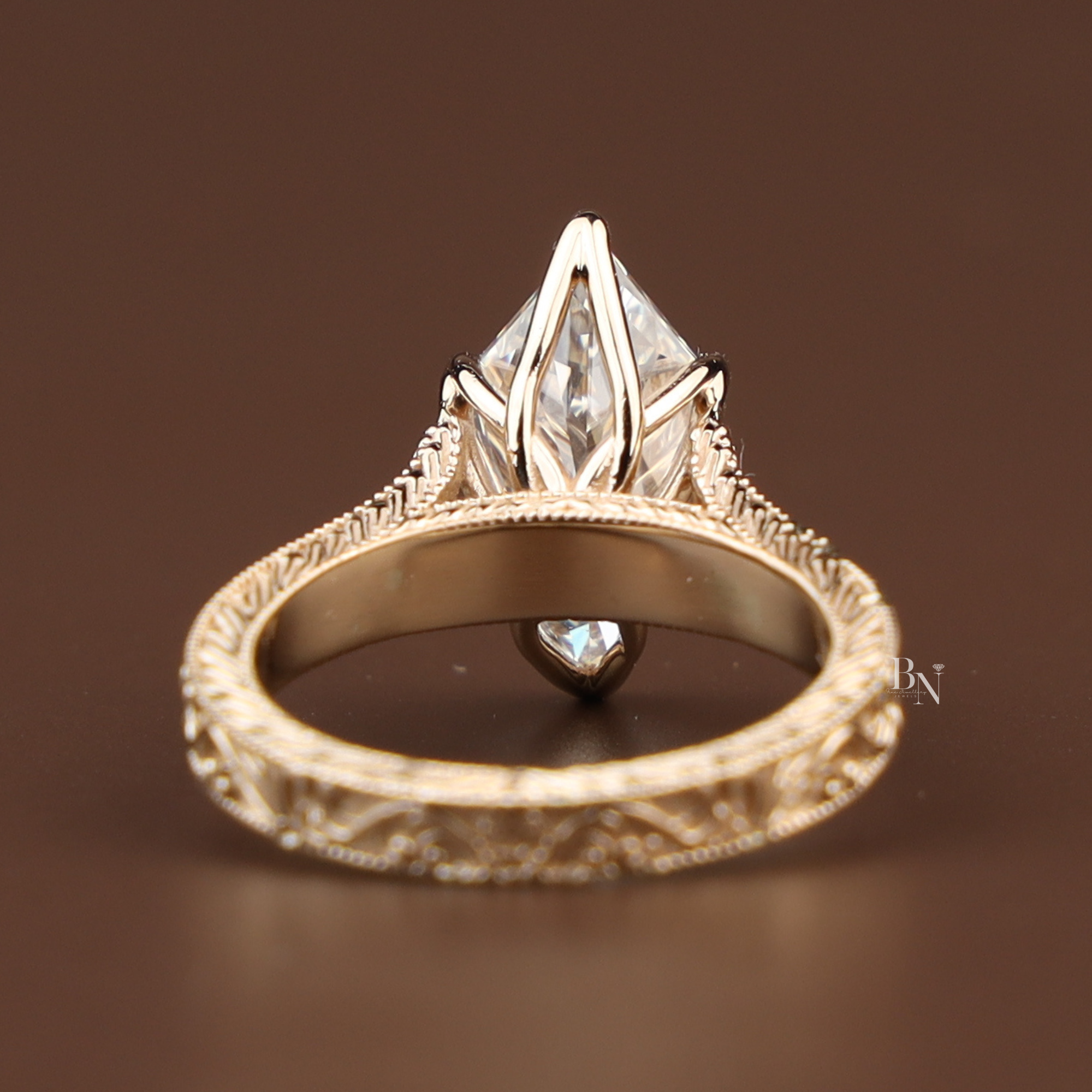 3ct Dutch Marquise Lab Grown Diamond Engagement Ring | Vintage Engraved 14k Yellow Gold Band | Solitaire Marquise Ring |