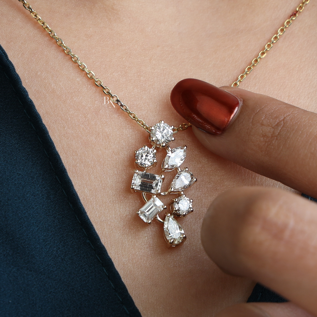 2.50ct Lab Grown Diamond Cluster Pendant | 14K Yellow Gold Mixed Cut Necklace