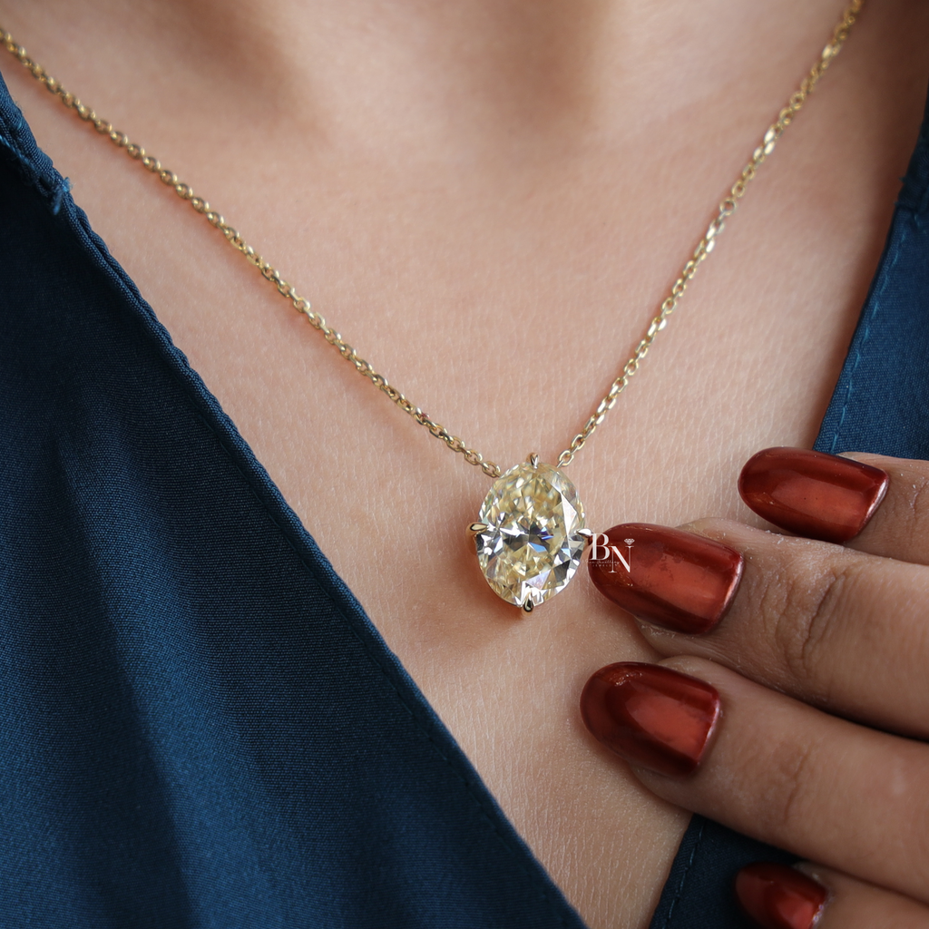 6 Carat Fancy Yellow Oval Moissanite Necklace , Yellow Gold Solitaire Pendant , Sparkling Statement Necklace