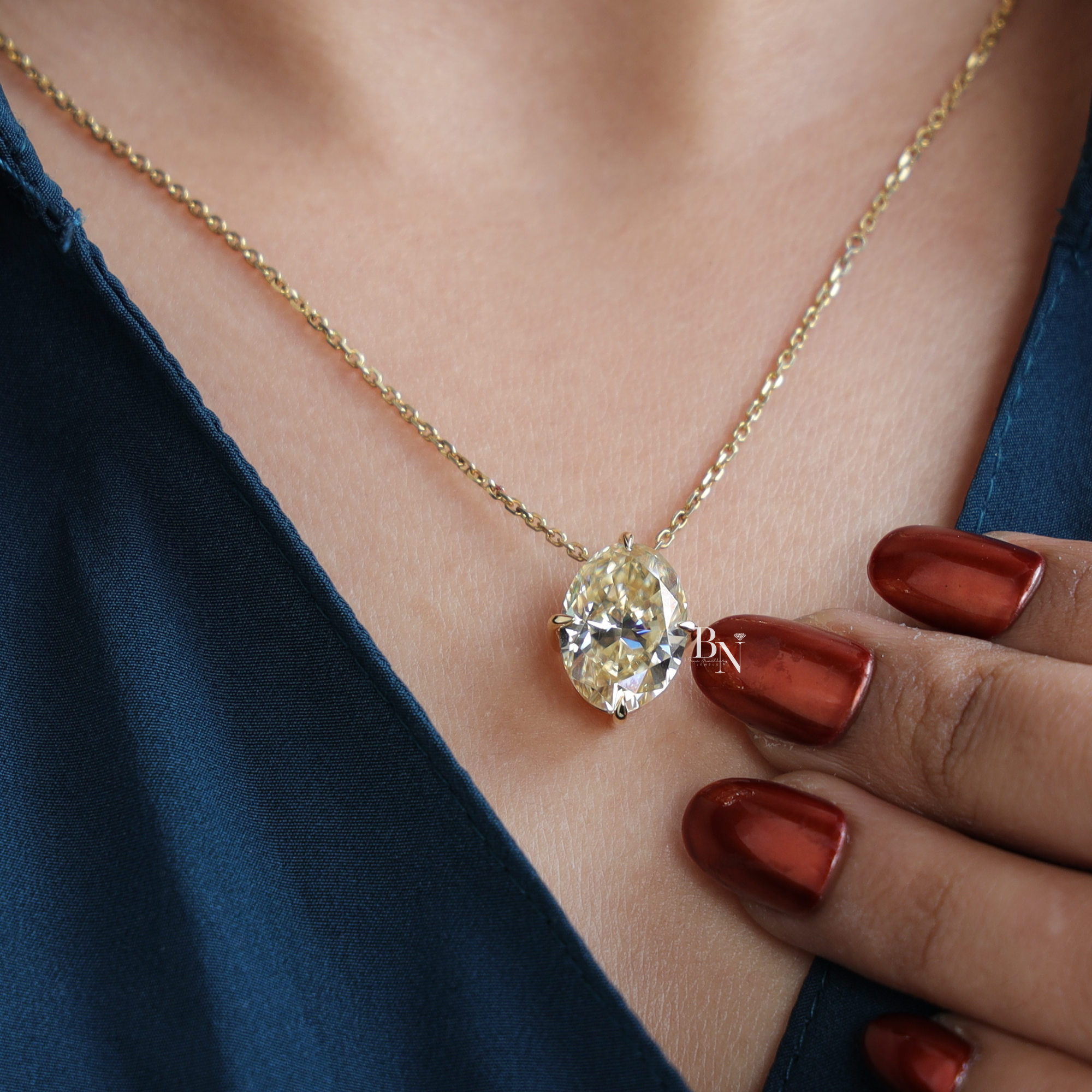 6 Carat Fancy Yellow Oval Moissanite Necklace , Yellow Gold Solitaire Pendant , Sparkling Statement Necklace