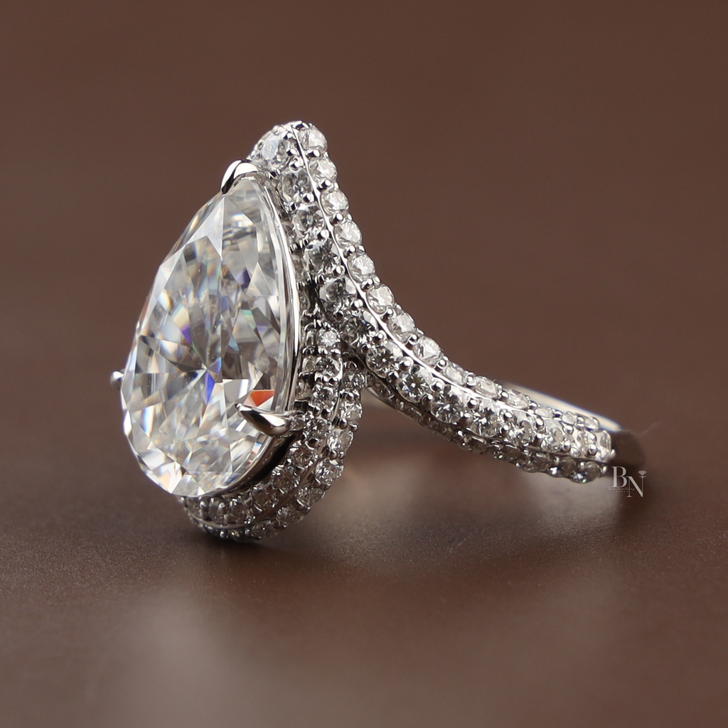 5.50ct Pear Moissanite Engagement Ring | 14K White Gold Triple Pave Bypass Band | Double Halo Sparkle Ring | High Brilliance Bridal Jewelry
