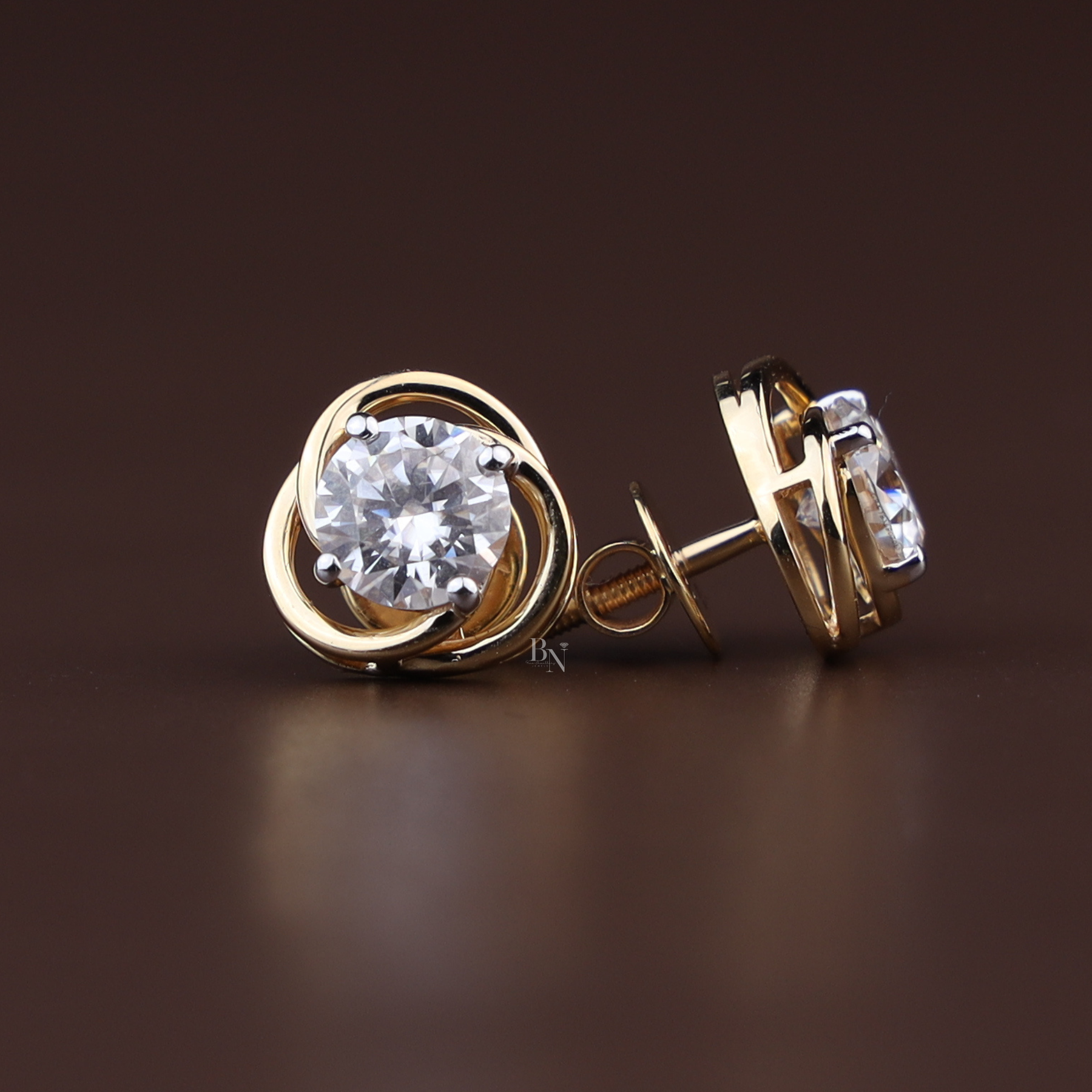 2ctw Round Lab Grown Diamond Stud Earrings | Swirl Gold Halo Studs 14K Gold