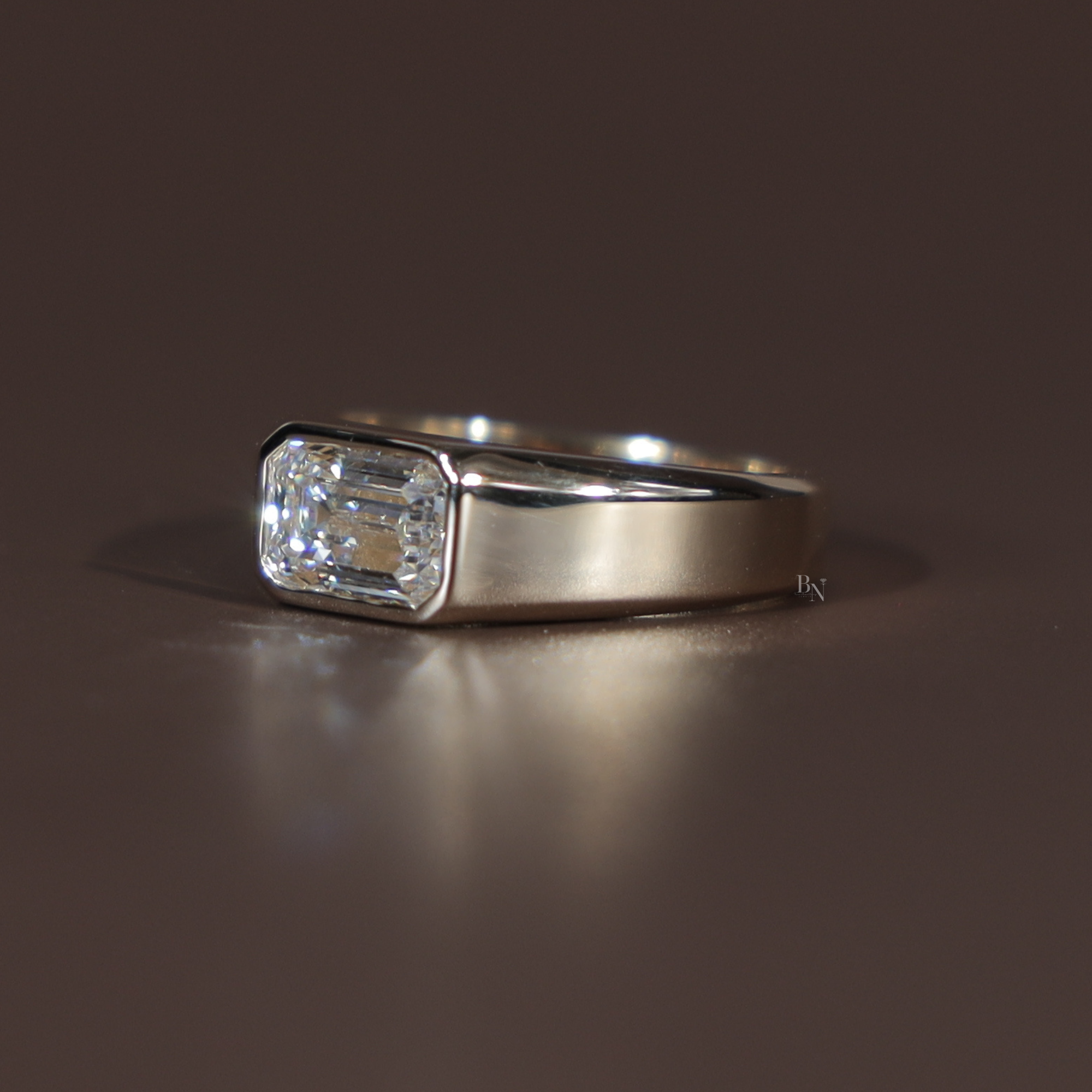 1ct Emerald Cut Lab Grown Diamond Engagement Ring | 14K Yellow Gold Bezel Set Signet Ring | East West Emerald Diamond | IGI Certified |
