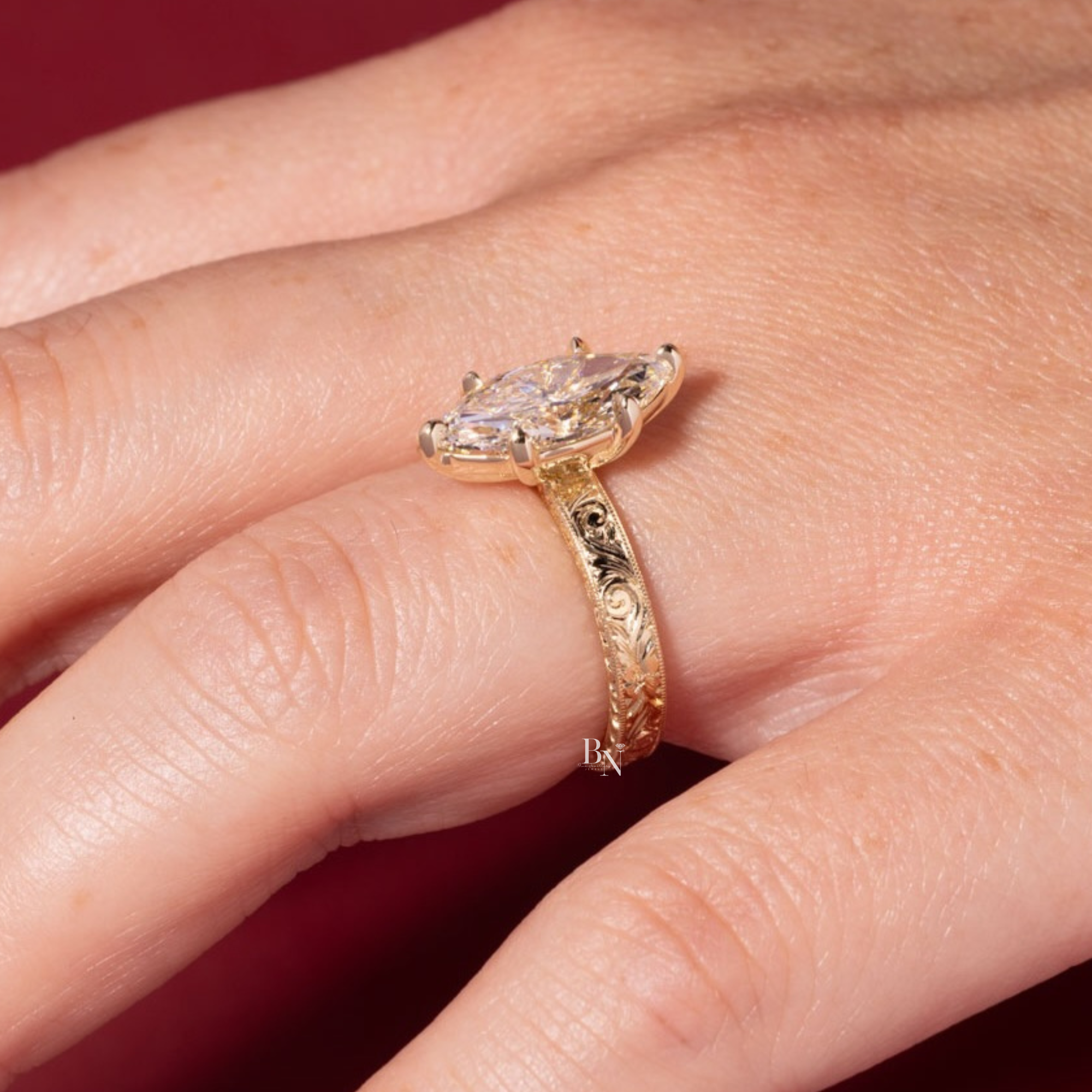 3ct Marquise Lab Grown Diamond Engagement Ring | 14K Yellow Gold | Vintage Hand Engraved Band | Art Deco Solitaire (photos of 3ct Ring)