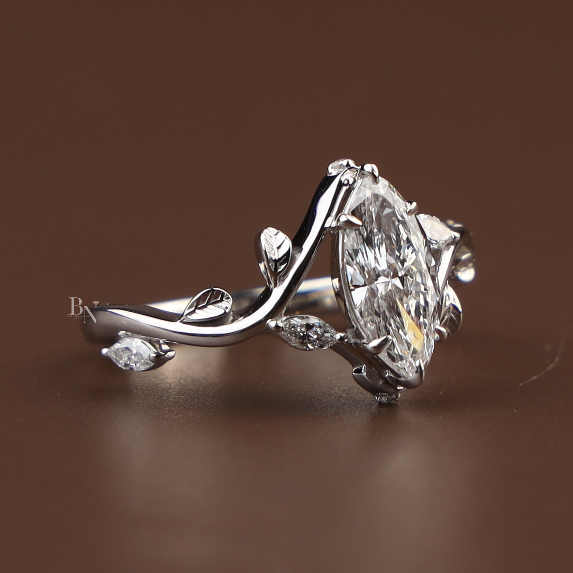 1ct Marquise Lab Diamond Engagement Ring | Nature Vine Leaf Setting | 14k White Gold Bridal Ring | Marquise Cut Anniversary Gift for Her