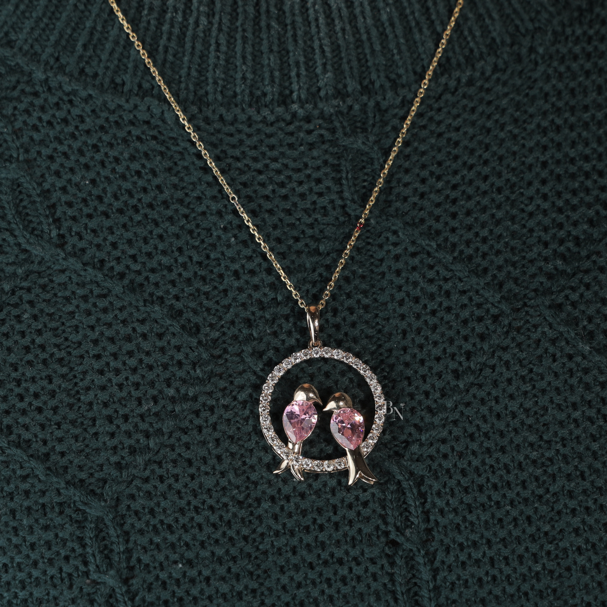 Pink Diamond Bird Pendant | Pear Cut Pink Lab Grown Diamond Love Birds Pendant | 14K White Gold Circle Jewelry | Romantic Anniversary Gift(Only Pendant)