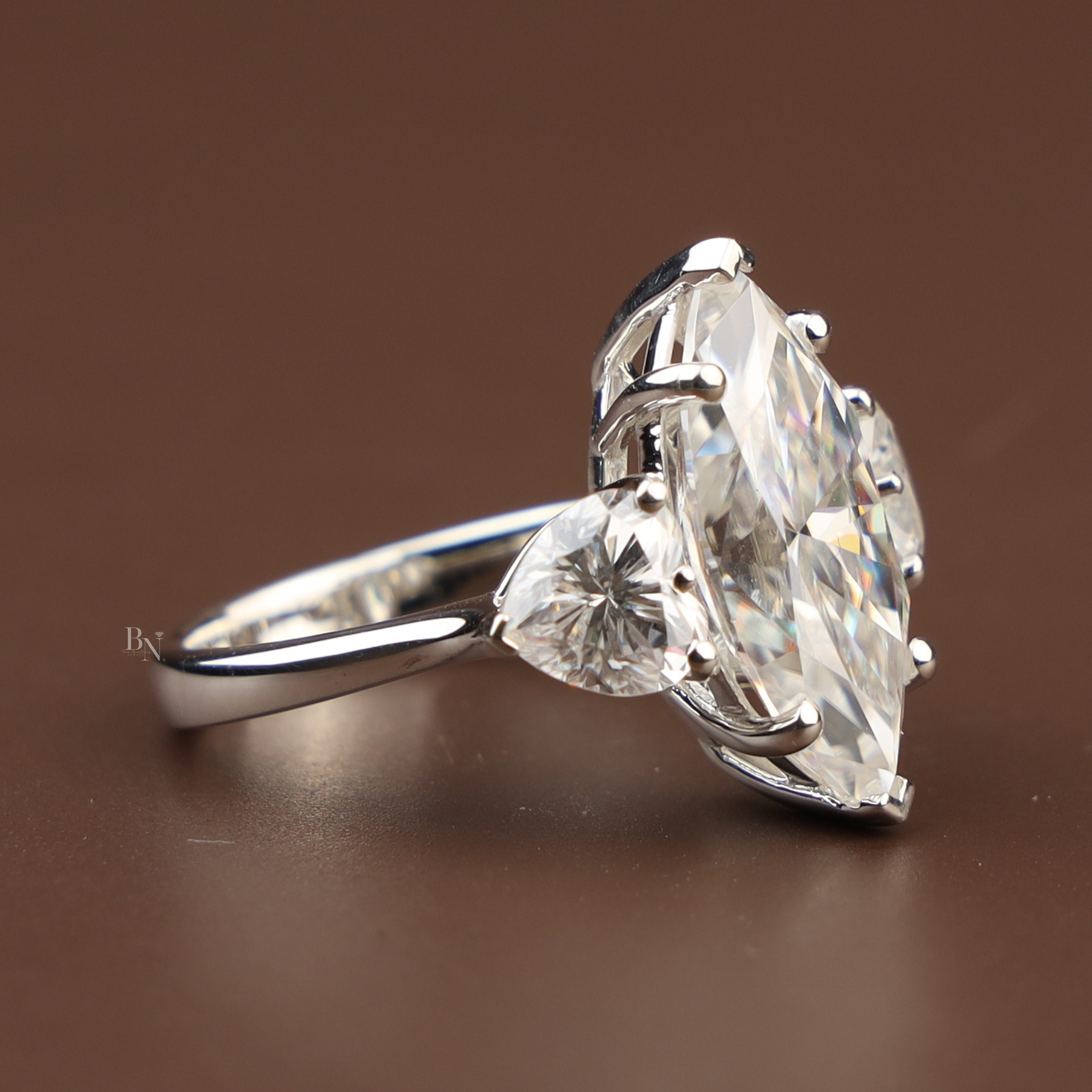 5.50ct Marquise Lab Grown Diamond Engagement Ring | Heart Side Stones Three Stone 14K White Gold