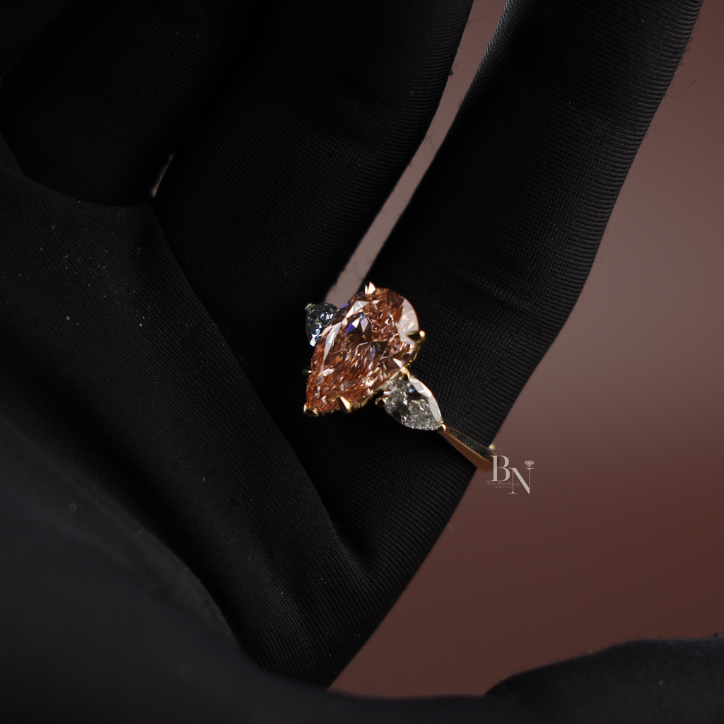 3ct Fancy Pink Pear Cut Lab Grown Diamond Engagement Ring | 14K Yellow Gold 3 Stone Ring | Tapered Bridal Wedding Fine Jewelry