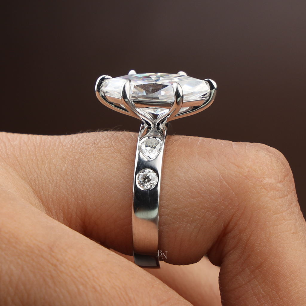 3ct Marquise Lab Grown Diamond Engagement Ring | 14K White Gold Six Prong V-Tip Solitaire | Unique Bezel Accent Band |