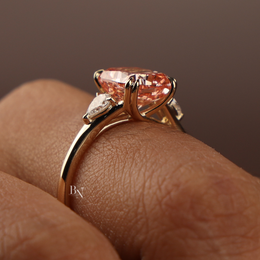 3ct Fancy Pink Cushion Lab Grown Diamond Engagement Ring | Three Stone Pear Side Stones 14K Gold